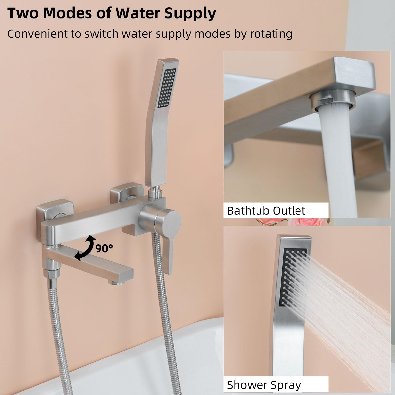 PHASAT Rubinetti per Vasca con Doccetta, Miscelatore per Doccia per Bagno, Rubinetto a Parete Bagno Bocca girevole a 90 °, Nichel Spazzolato PTBL17E