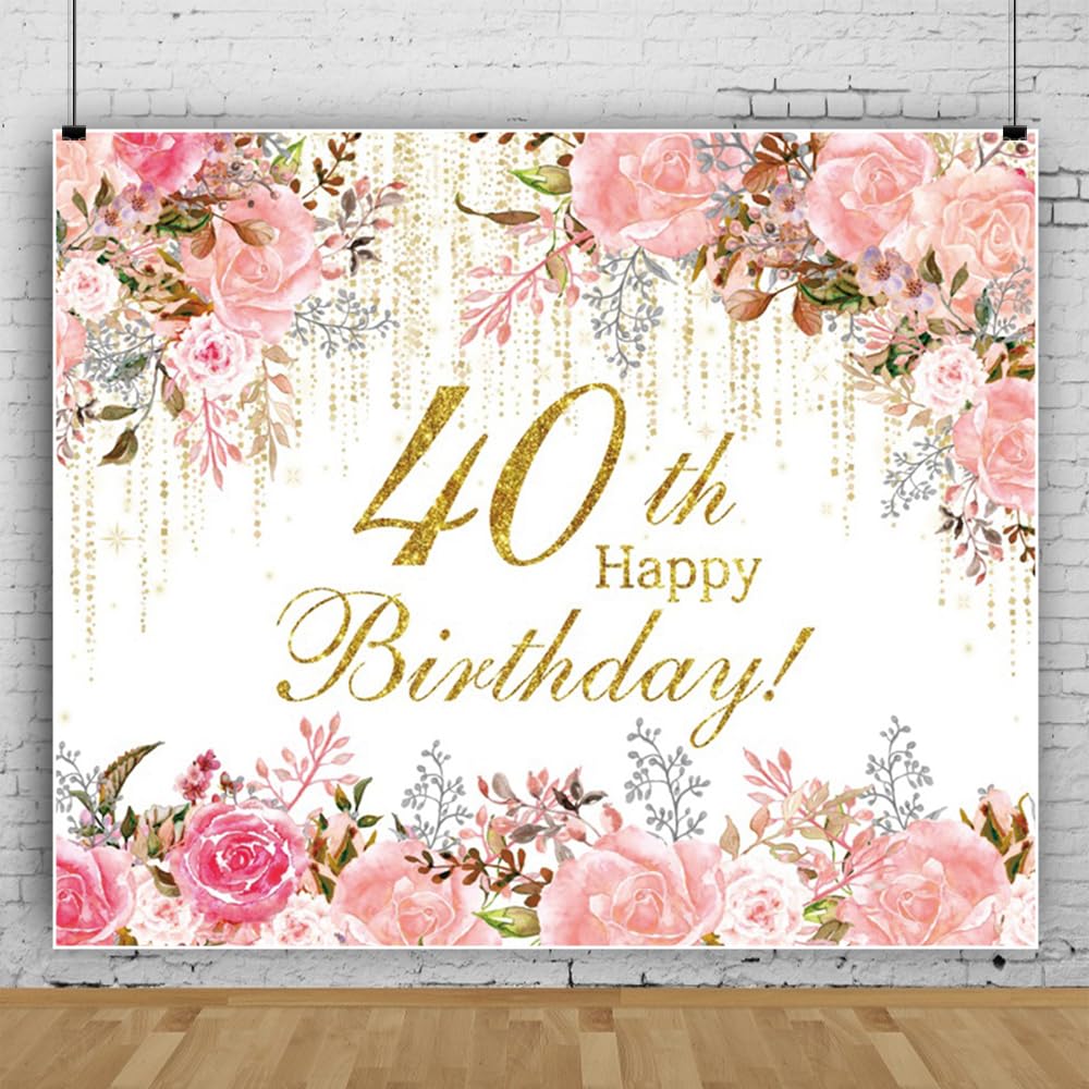 Toile de fond florale aquarelle pour 40e anniversaire Motif fleurs sauvages Doré 40 ans Décoration de fête de jardin femme Happy Birthday Cake Table Studio Accessoires 3 x 3 m