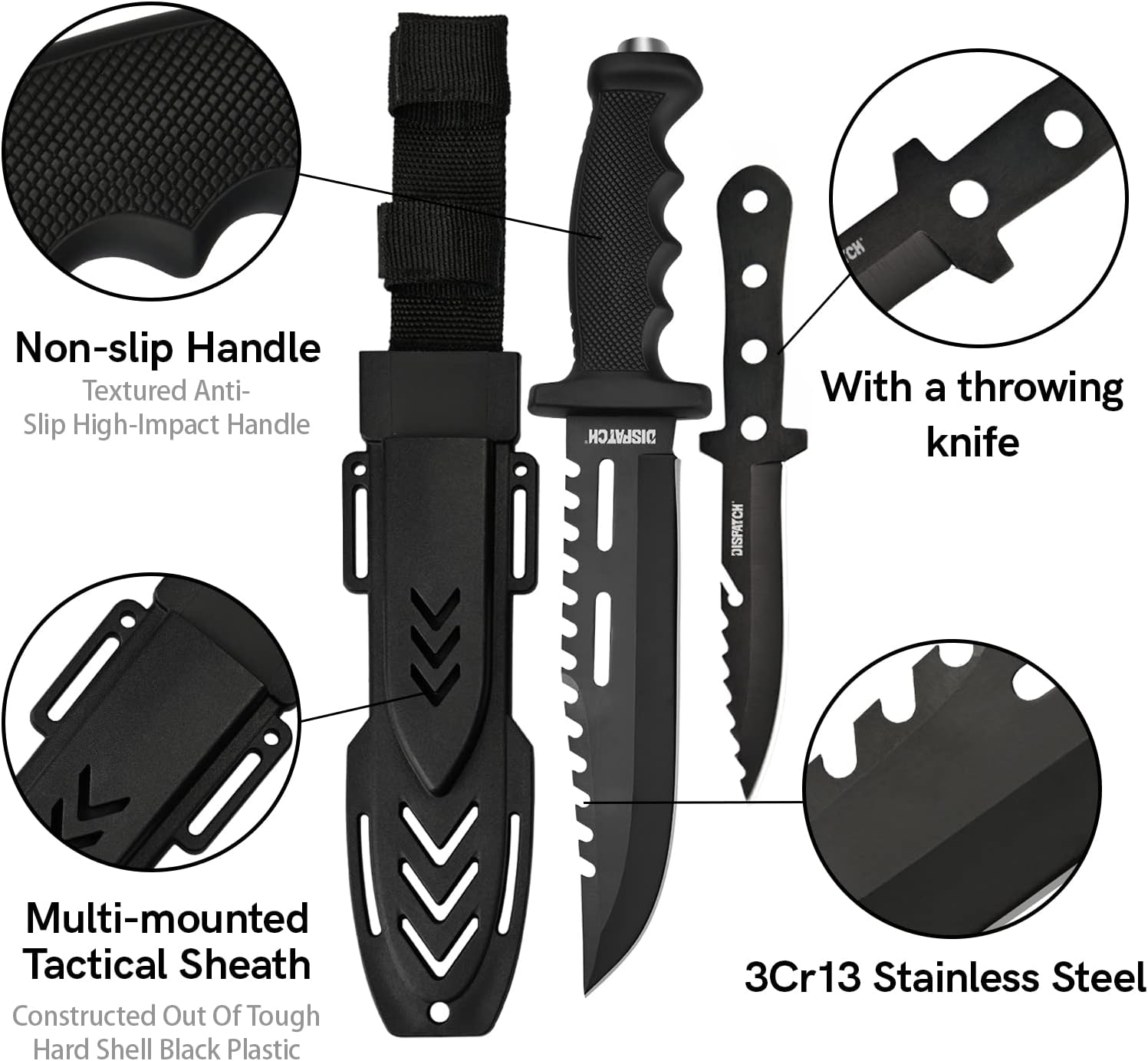 Dispatch Fixed Blade Hunting Knife with Sheath, 12" and 8" Survival Knives Set for Men Tactical Bowie Knife with Non-Slip Handle for Bushcraft, Outdoor Camping