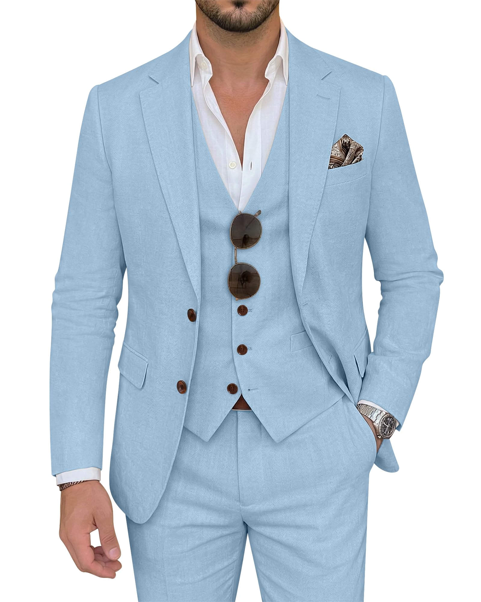 Photo 1 of ZKHOECR Men's Suits 3 Piece Slim Fit Suit for Men Light Blue Casual Linen Suits Business Prom Party Beach Wedding Tuxedos Suits 3XL
