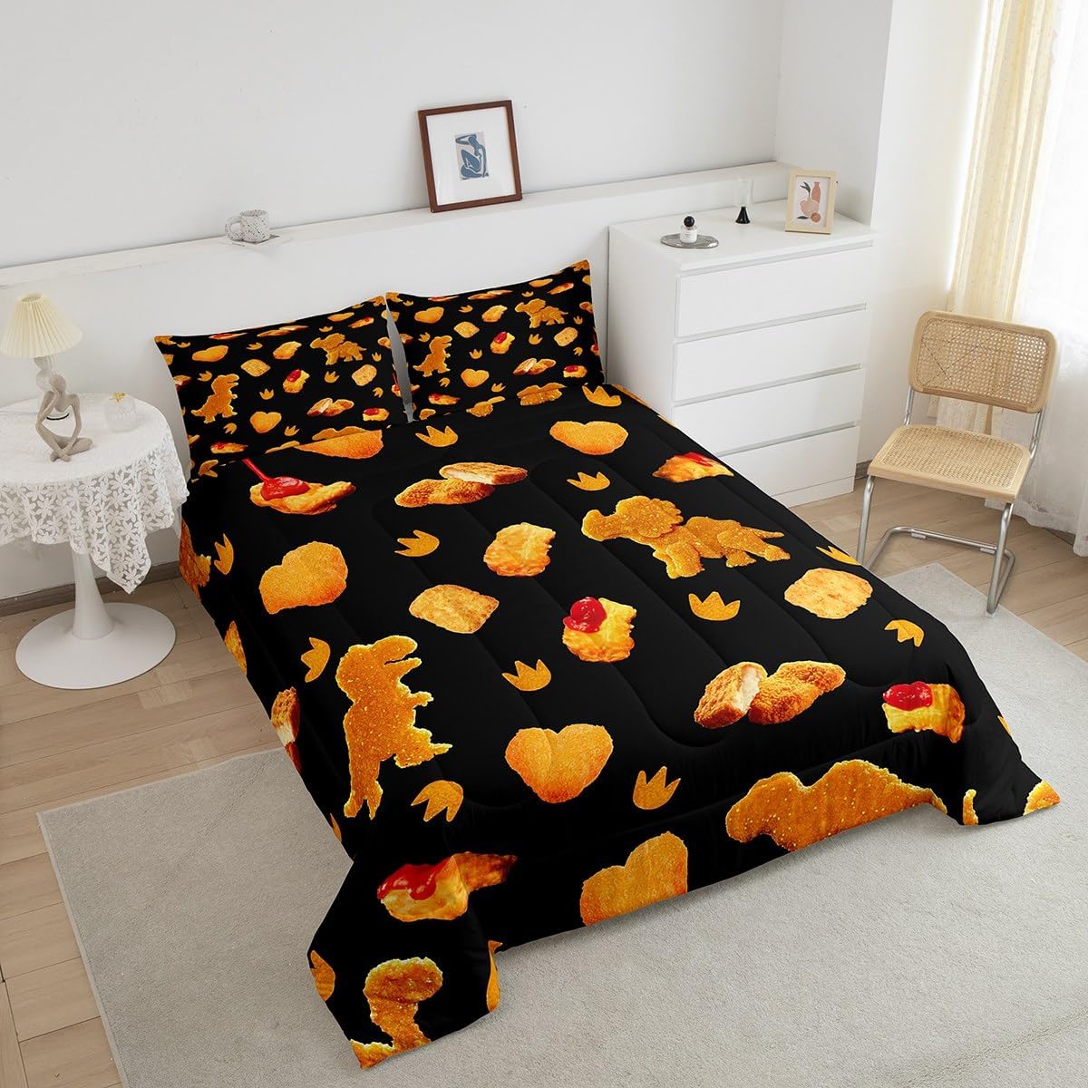 Feelyou Cute Chicken Nuggets Comforter Set Twin Size Kids Cute Dino Comforter for Boys Teens Dinosaur Bedding Set Breathable Fried Food Print Duvet Set Room Decor Quilt Set
