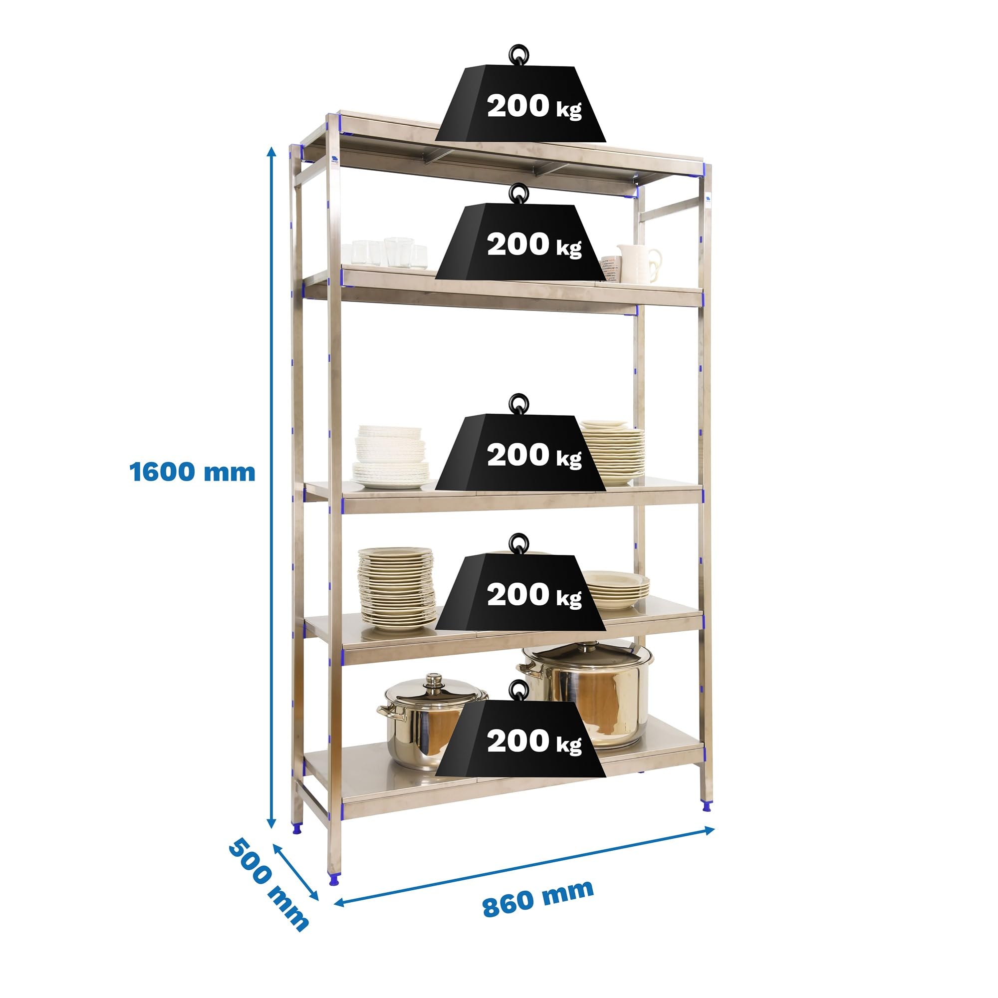 Simon Rack Estanterías Acero Inoxidable, 1600x860x500 mm, 200 kg de Punto Flexión, 5 Estantes, Estantería Industrial, Estantería Cocina Profesional, Acero Inoxidable - Simoninox