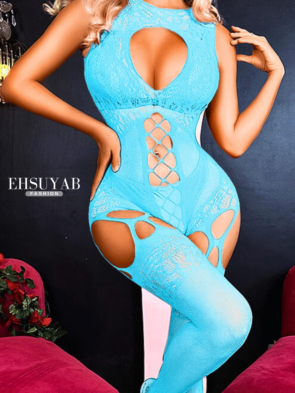 EHSUYAB Women Body Stockings Sexy, Exotic Dancer Fishnets Lingerie Glow Party, Fishnet Bodysuit Rave Outfits Club Plus Size: Light Blue