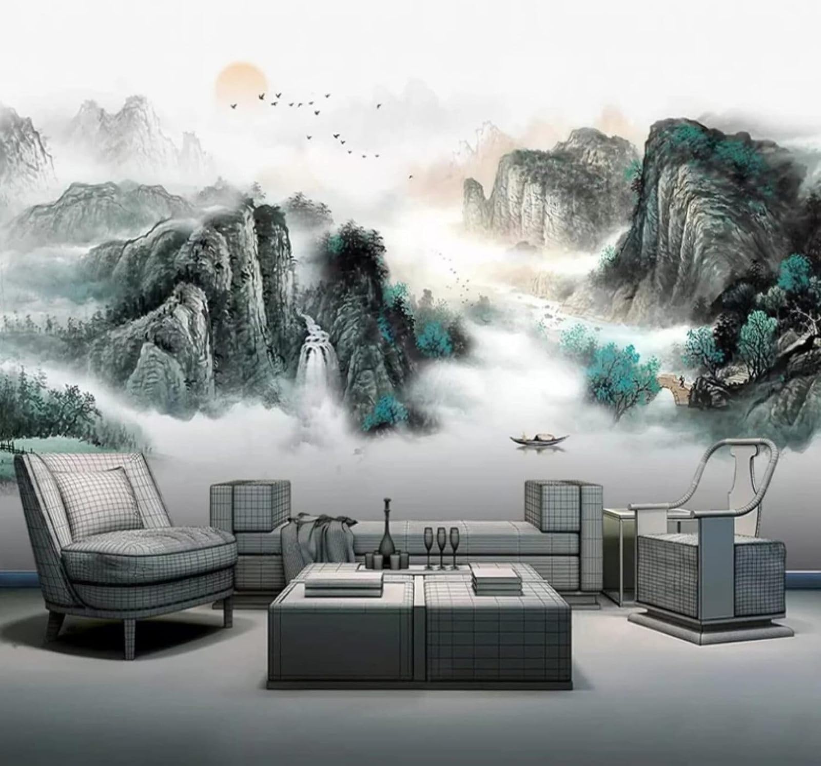 XLMING Hand Painted Ink Wash Landscape Sunrise Scenery 3D Wallpaper Luxury Home Dining Decor Paste Sofa Living Room The Wall for Bedroom Mural-350cm×256cm