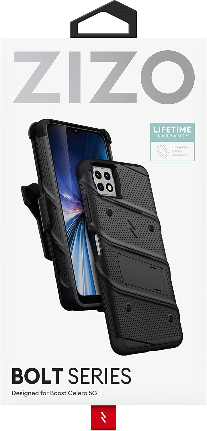 ZIZO Bolt Bundle for Celero 5G Case with Screen Protector Kickstand Holster Lanyard - Black