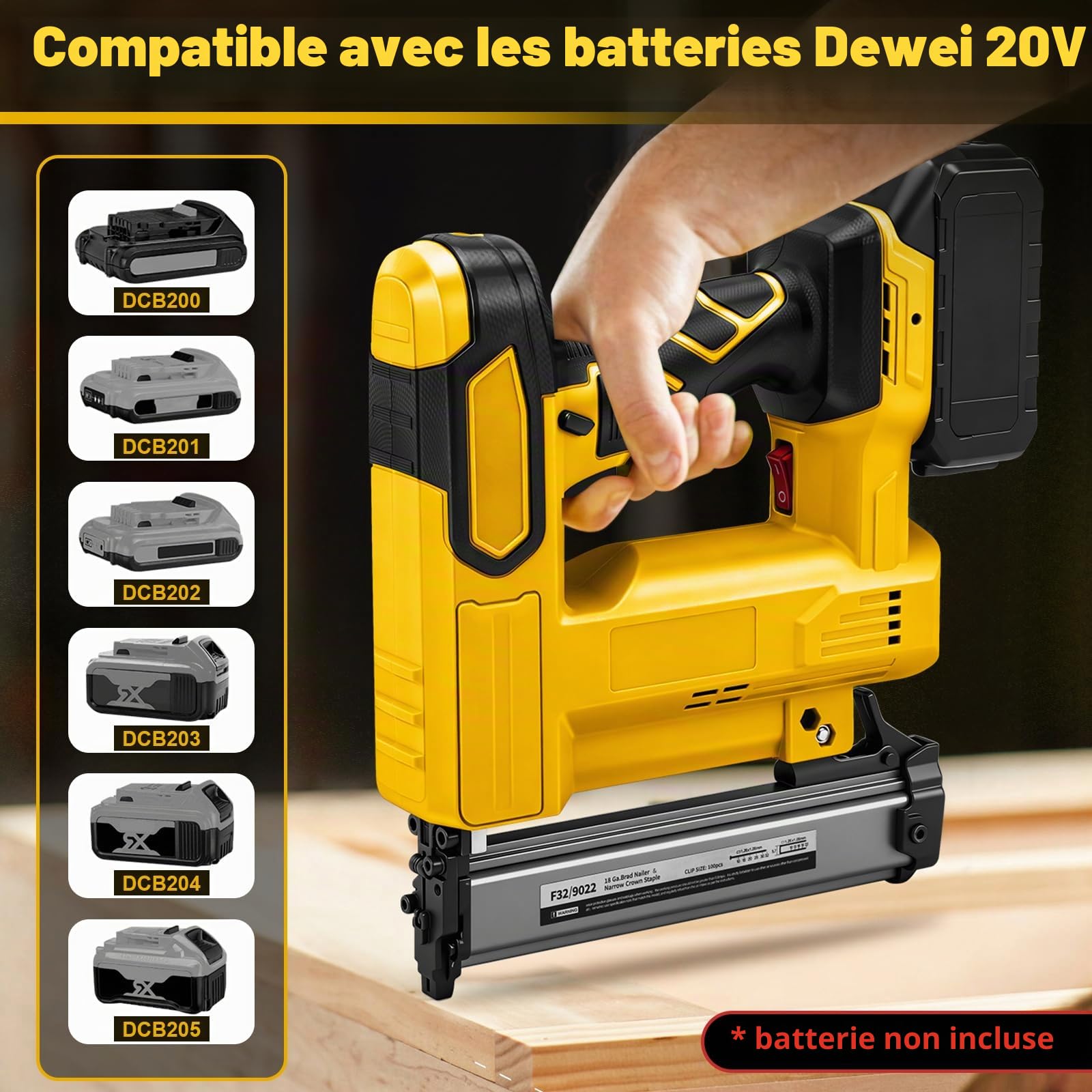 WingFly Agrafeuse Sans fil Compatible avec Dewalt 18 V, 20 V, Cloueuse Professionnelle avec 1000 clous, Agrafeuse électrique pour Projets de Bricolage en Meubles, Menuiserie (Sans batterie)