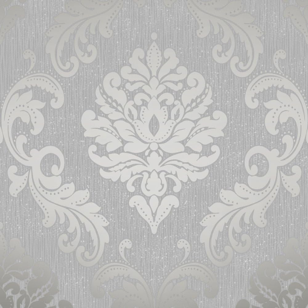 Chelsea Glitter Damask Wallpaper Soft Grey/Silver (H980504)