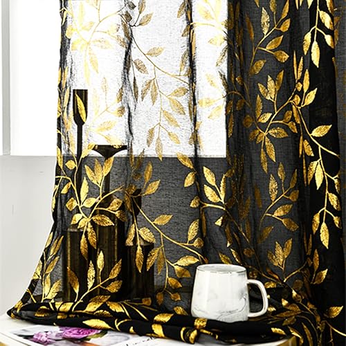 Deeprove Cortinas traslúcidas de 96 pulgadas de largo, 2 paneles, papel de aluminio dorado metálico con estampado de hojas de vid para decoración de