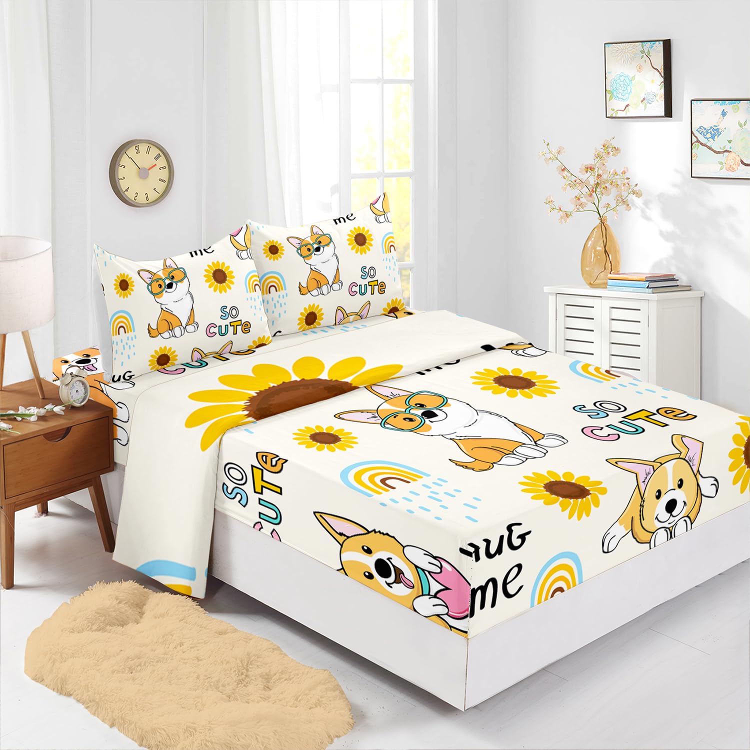 Kawaii Corgi Dog Animal Themed Sheet 4Pcs Queen Yellow Sunflower Rainbow Bedding Set for Kid Teen Girl Boy
