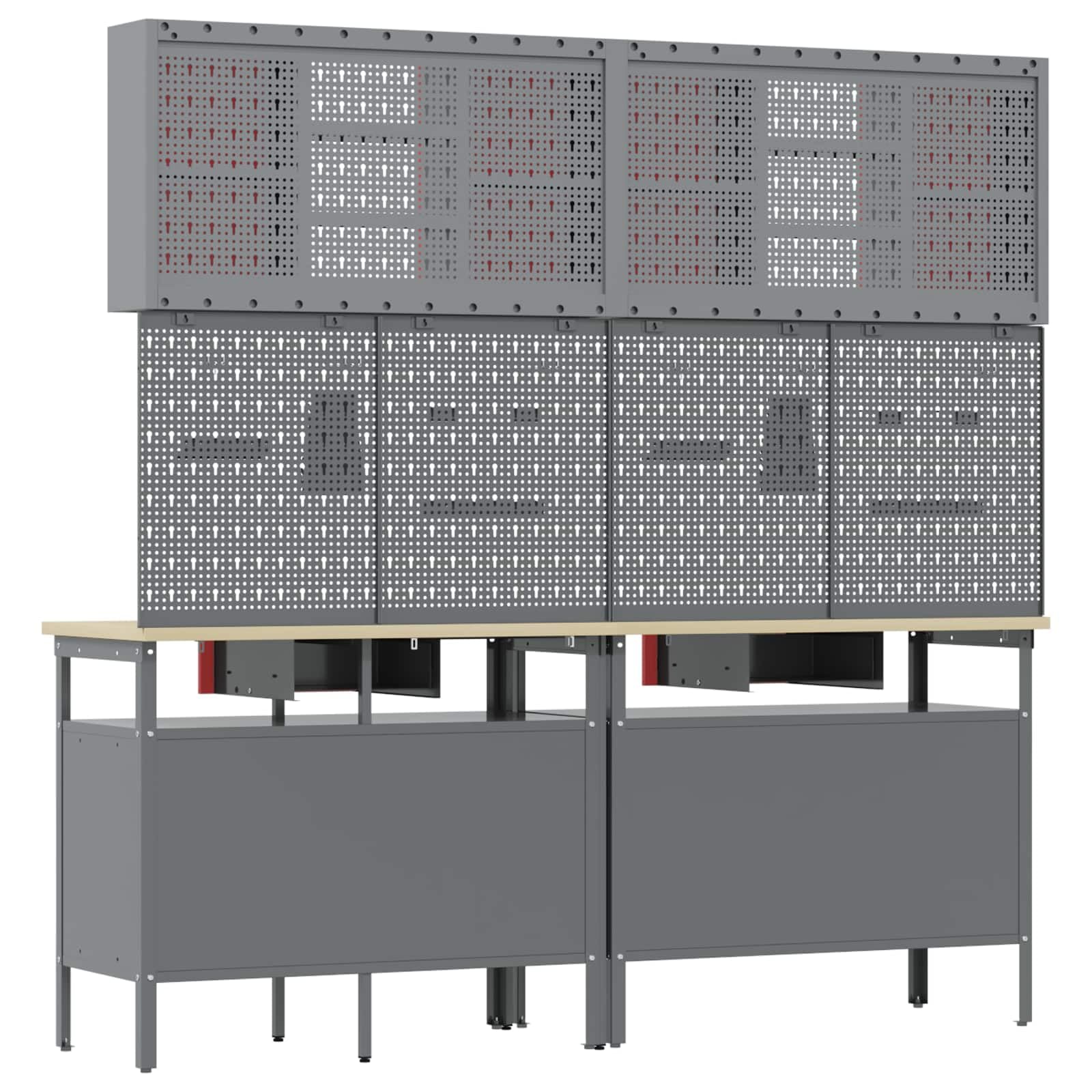 Ensemble d'établi 8 pièces en acier revêtu par pulvérisation rouge et gris avec étagères en métal, 200 x 55 x 200 cm, idéal pour atelier, garage, salle de loisirs