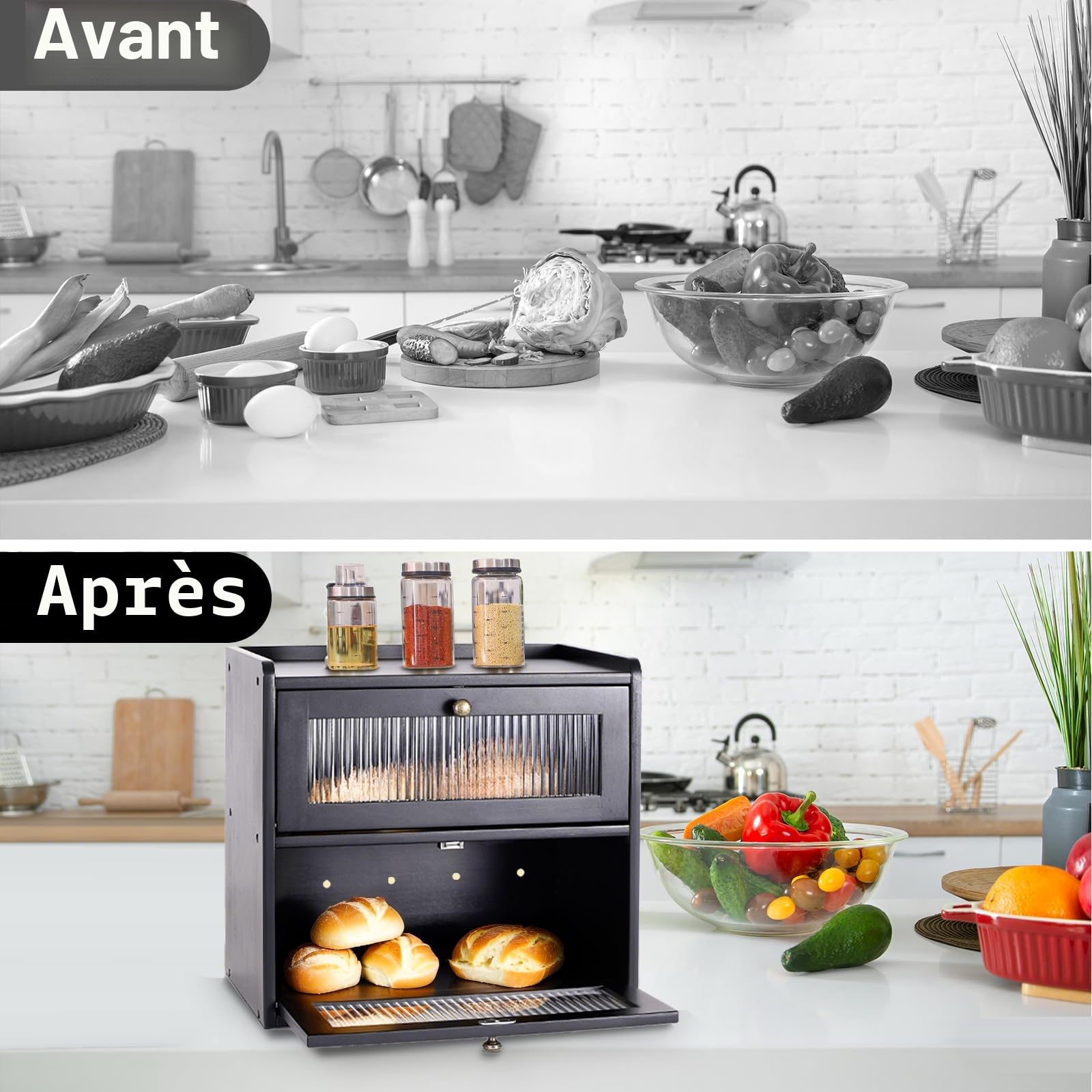 Huche à Pain Grandes BoîTes de Rangement Pour Pain En Bois Massif Double Boite a Pain BoîTe de Rangement Pour PâTisseries Avec Porte MagnéTique En Acrylique Huche à Pain (Noir)