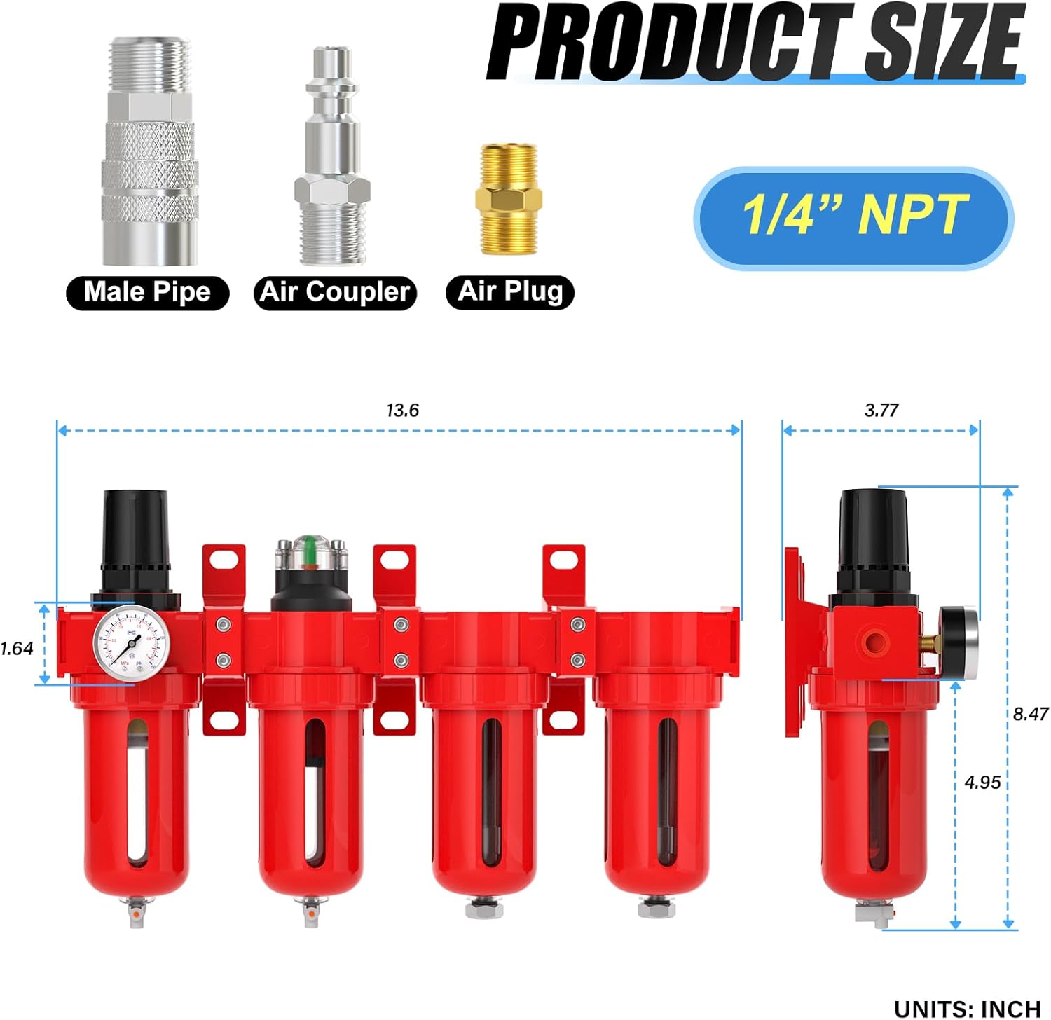 1/4" NPT Industrial Grade 4 Stage Aluminum Air Drying System, Coalescing Filter, Particulate Filter, Double Desiccant Dryer and Air Regulator,Manual Drain For Plasma Cutter and Paint Spray
