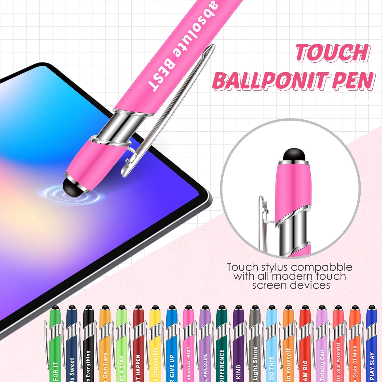 Lounsweer 100 Pieces Inspirational Ballpoint Pens with Motivational Messages, 20 Colors, 1mm Black Ink, Stylus Tip, Fun and Encouraging Gifts for Teachers, Students, Office and School Supplies - Image 3