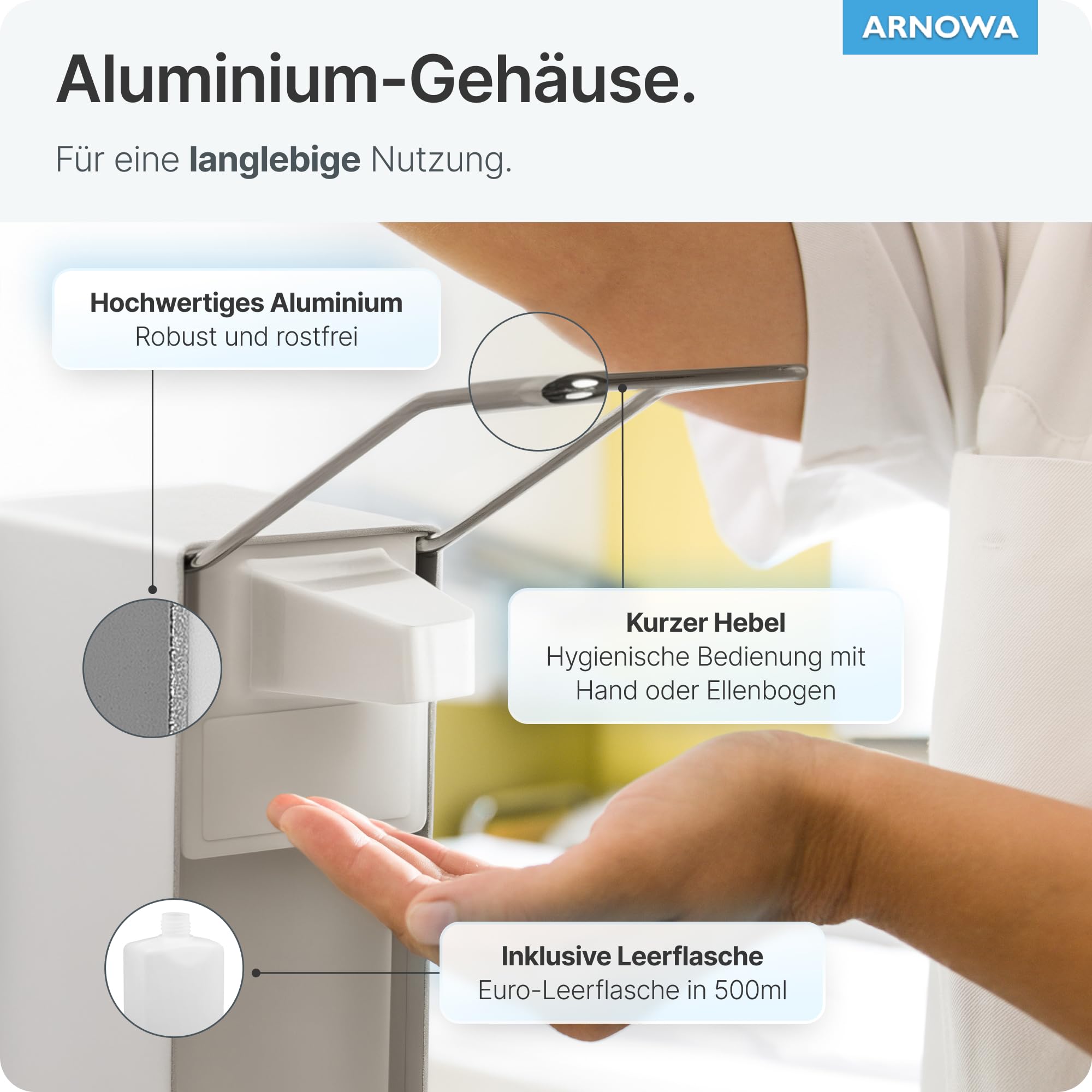 1x ARNOMED Desinfektionsspender Aluminium, Seifenspender für 500ml, kurzer Armhebel, Seifenspender zur Wandbefestigung, Eurospender für Desinfektionsmittel, Soap Dispenser, Desinfektionsmittelspender