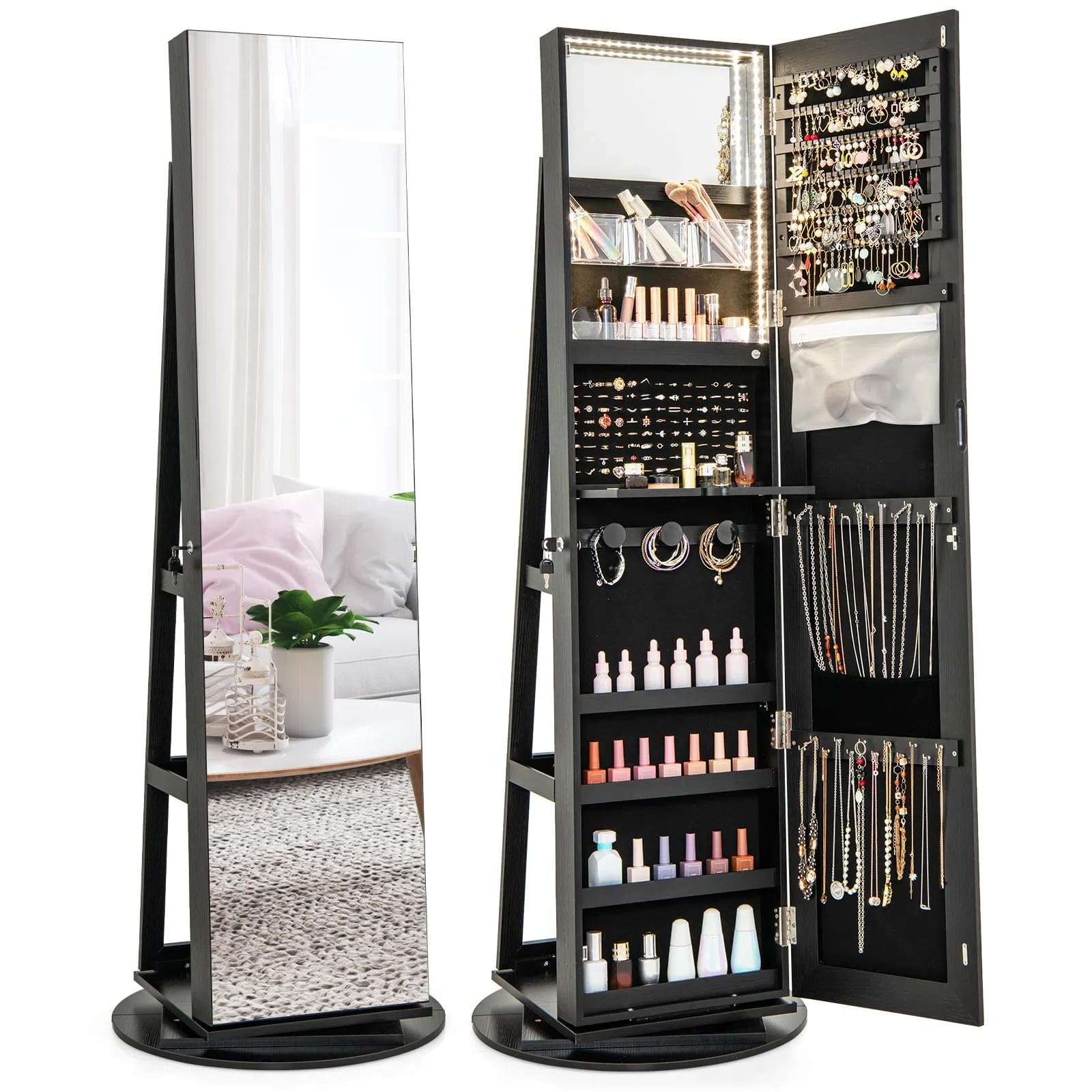 DREAMADE 360° Rotating Jewelry Armoire, 3-in-1 Lockable Large Capacity Jewelry Organizer w/ 3 Color LED Lighting, Freestanding Mirror Jewelry Cabinet w/Inside Make-up Mirror, 3 Back Storage Shelves