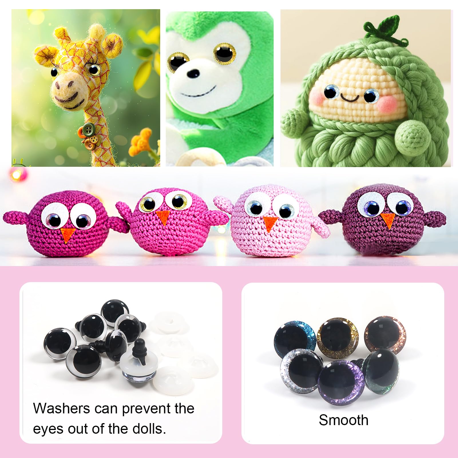 TOAOB 64 Sets 12 mm Glitter Safety Eyes Doll Eyes Animals Eyes Plastic Craft Eyes Glitter Colourful Eyes with Washers for Crochet Animals Puppet Making - Image 4