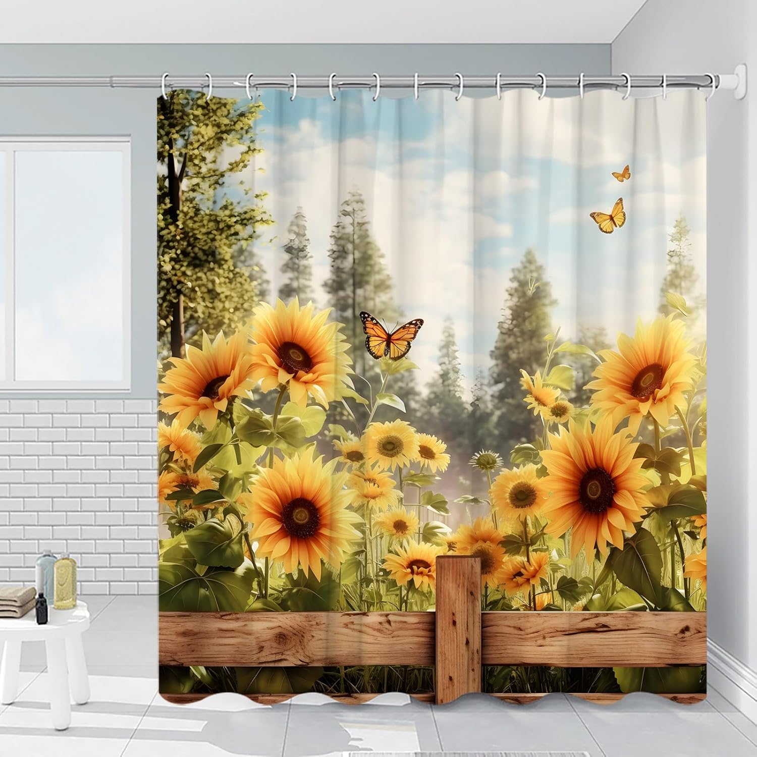 Rustic Sunflower Butterfly Shower Curtain Vintage Cottage Yellow Floral Funny Animals Spring Nature Plants Western Rustic Landscape Wood with Hooks 108 x 70 in