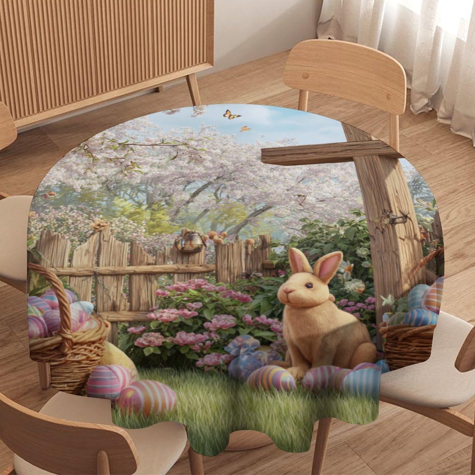 LUYYSKY Rustic Realistic Spring Garden Print Waterproof Round Tablecloth Classic Natural Easter Flowers Colorful Eggs Animal Rabbit Washable Table Cover for Kitchen-152.4" Wx152.4 L cm