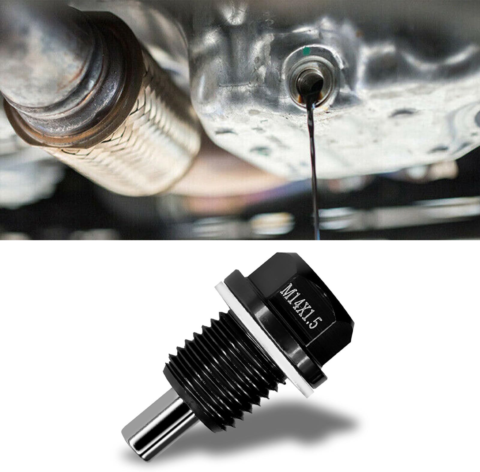 UZZHM14x1.5 Magnetic Oil Drain Plug, Aluminum Oil Pan Drain Plug Repair Kit with Crush Washer Gaskets, Oil Drain Nut Bolt for Most Ford, GM, Hyundai, KIA, Accord, Civic, Odyssey, Motorcycles (Black)