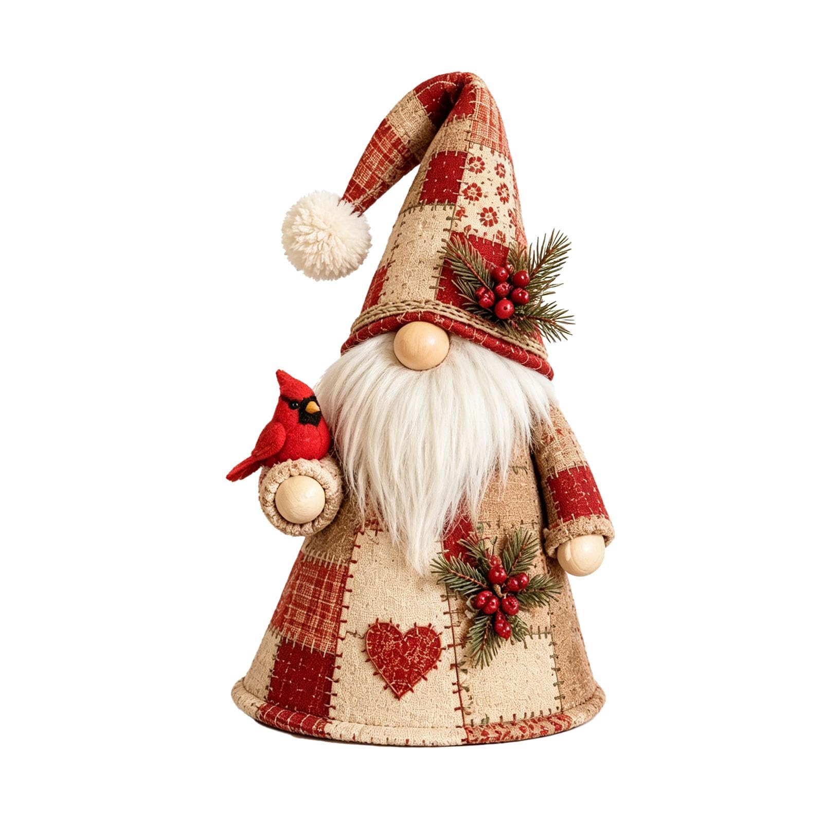 Patchwork Bird Gnome Light Collection, Cardinal Christmas Patchwork Gnome Light, Warm Glowing Tabletop Decor with Farmhouse Patchwork Details (Crimson Cardinal)
