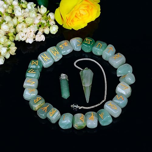 ABHISUBYA Piedra de jade verde, 25 piezas de piedra de runa con Futhark de anciano grabado, runas, suministros de brujería, piedras de chakras,