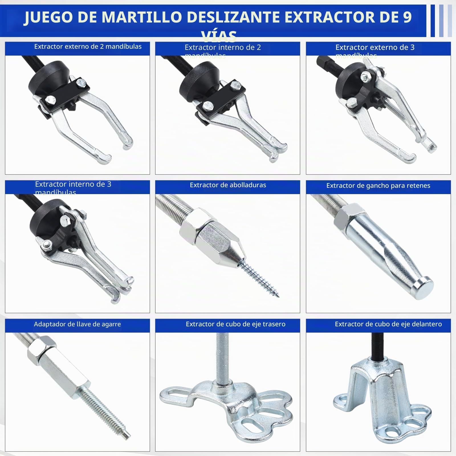 FreeTec 9 en 1 Extractor de Martillo Inercia, Extractor Bujes y Rodamientos con Martillo Deslizante, 2 Tams. Extractores Buje, 3 Garras Extractores Rodamientos Internos, Extracción Abolladuras Coche