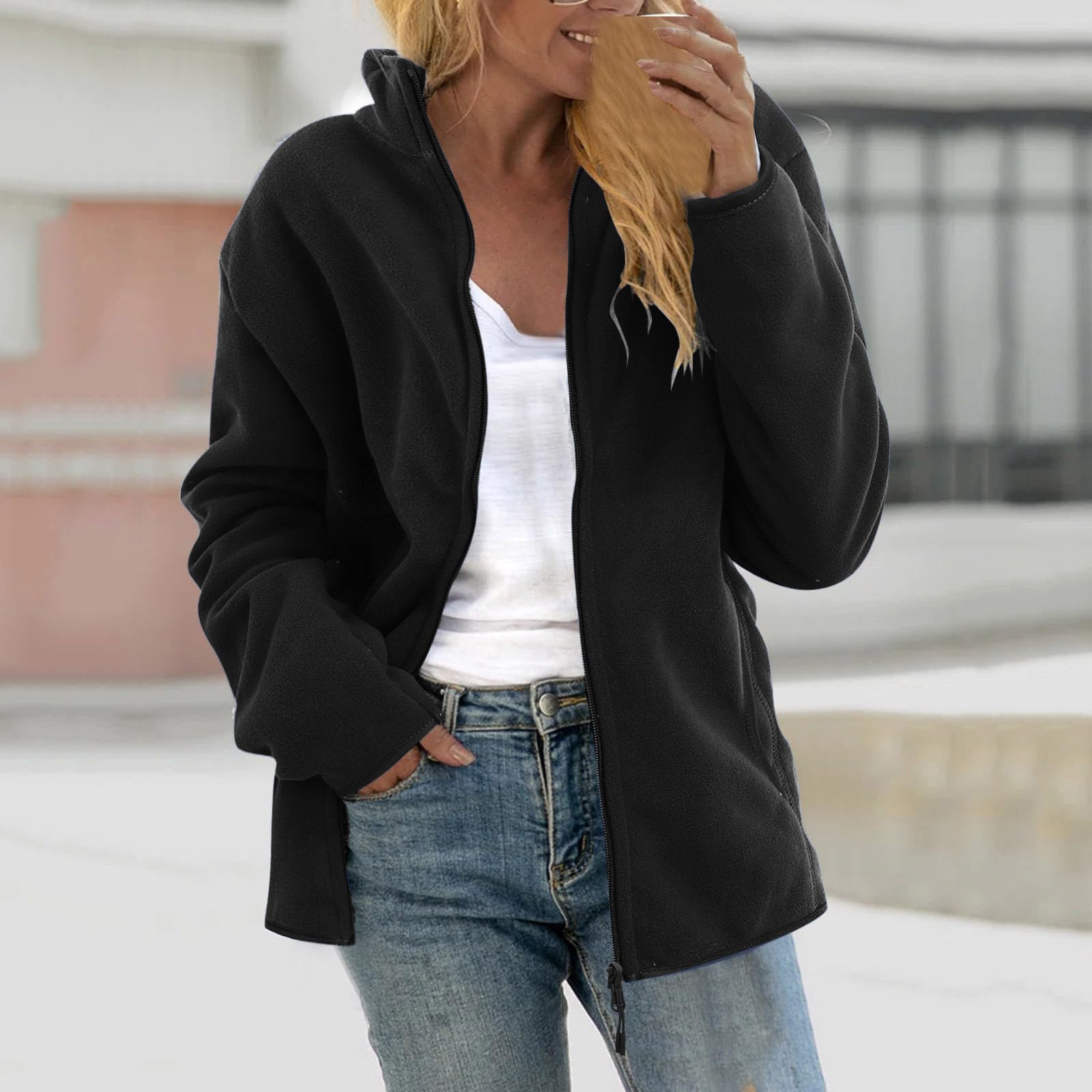 NSICBMNO Veste polaire grande taille à capuche zippée avec poches pour femme - Manteaux d'hiver en polaire à manches longues - Manteau moelleux ouvert sur le devant - Vestes de sport