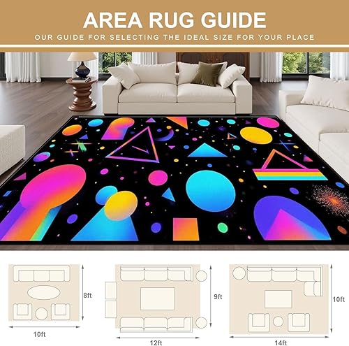 Miniatura 2 de Alfombra lavable de 8 x 10 pies para sala de estar, grande y suave de los años 1980, diseño retro neón geométrico, multicolor, estampado de arte