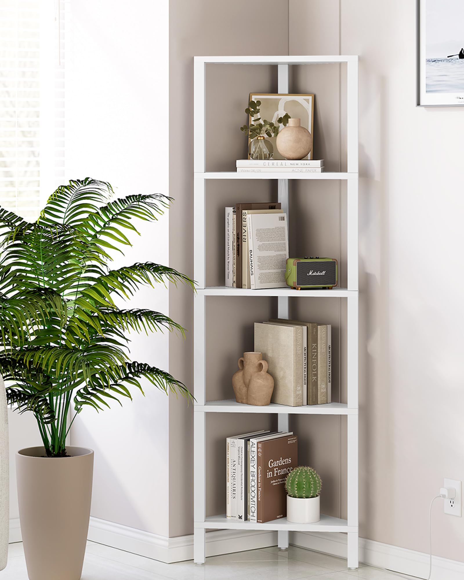 TUTOTAK Corner Shelf, 5-Tier Corner Bookshelf for Small Space, Narrow Display Corner Shelf Stand with Storage Rack, for Living Room, bedroom, Pure White BS05BW005EU