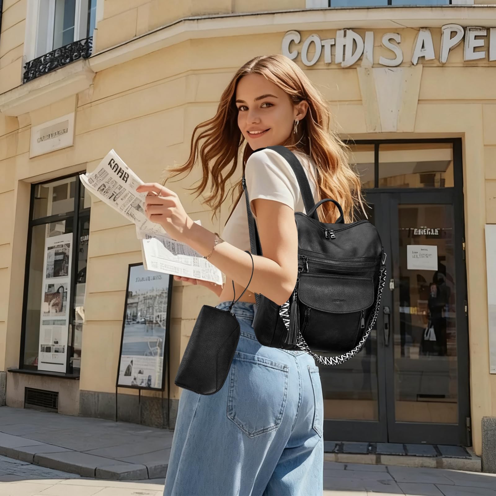 Leathario Zaino da Donna in Pelle Vegana Impermeabile e Antifurto, Zainetto Elegante per Laptop, per Ufficio, Università e Viaggi(Nero Assoluto)
