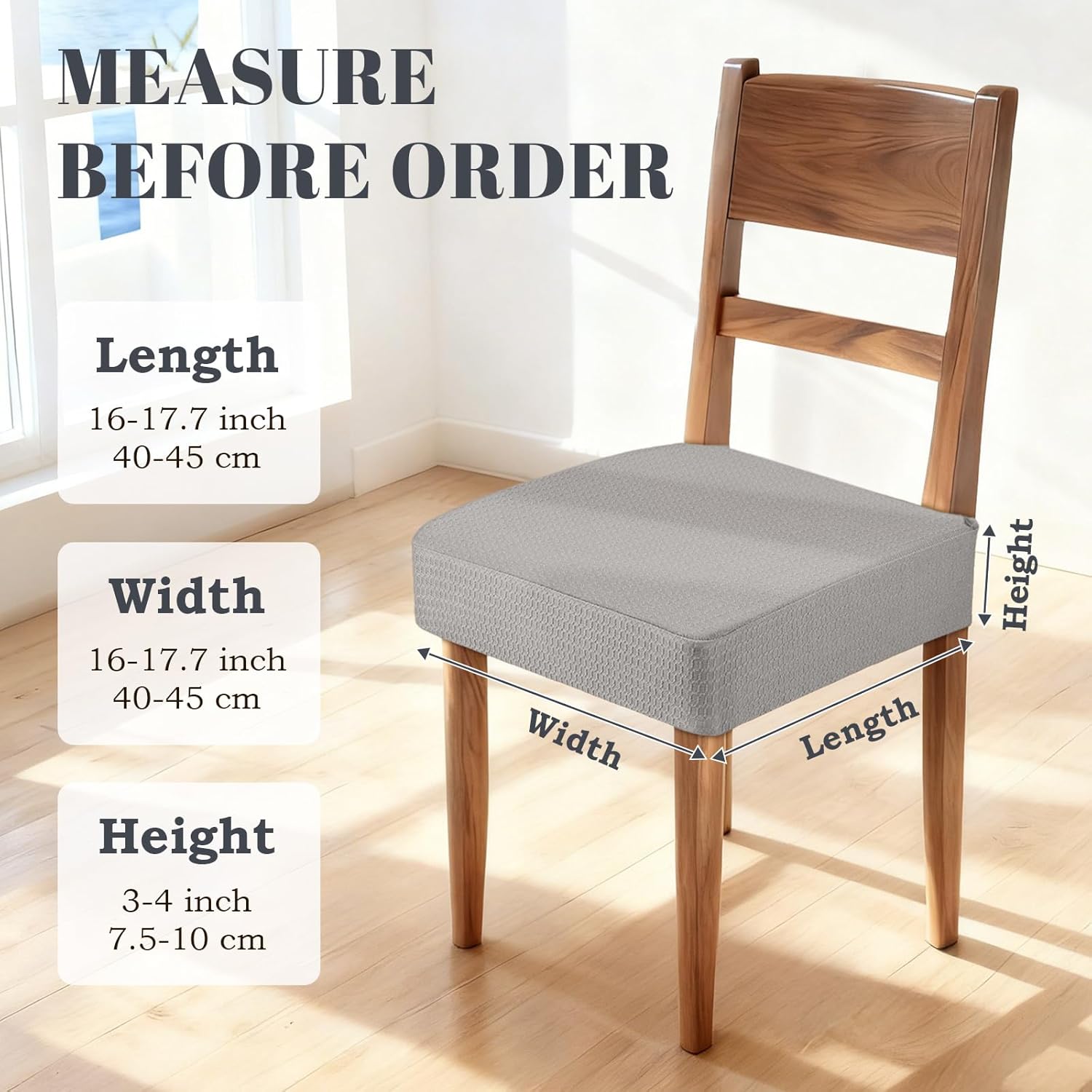 Songrey Waterproof Seat Covers for Dining Chairs Set of 4, No Rear Chair Covers, Stretch Removable Washable Chair Slipcover Protector, Light Gray