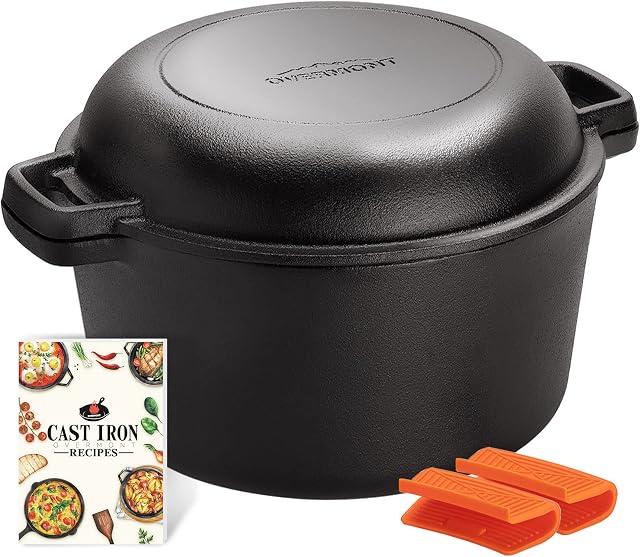 Overmont 2 in 1 Cast Iron Dutch Oven with Cookbook Recipe 5 QT Dutch Oven Pot + 1.6 QT Dual Function Skillet Lid Pre Seasoned with Handle Covers for Camping Home Cooking BBQ Baking