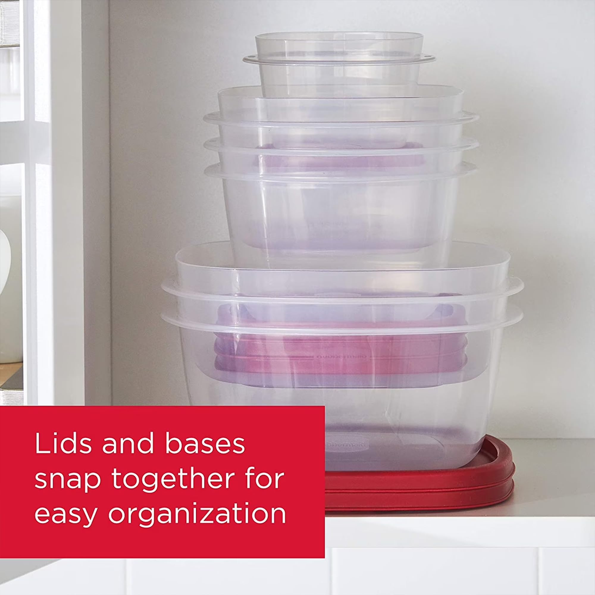 Rubbermaid 42 recipientes de almacenamiento de alimentos con tapas | Organización de cocina apilable de plástico transparente con cubierta ventilada para microondas