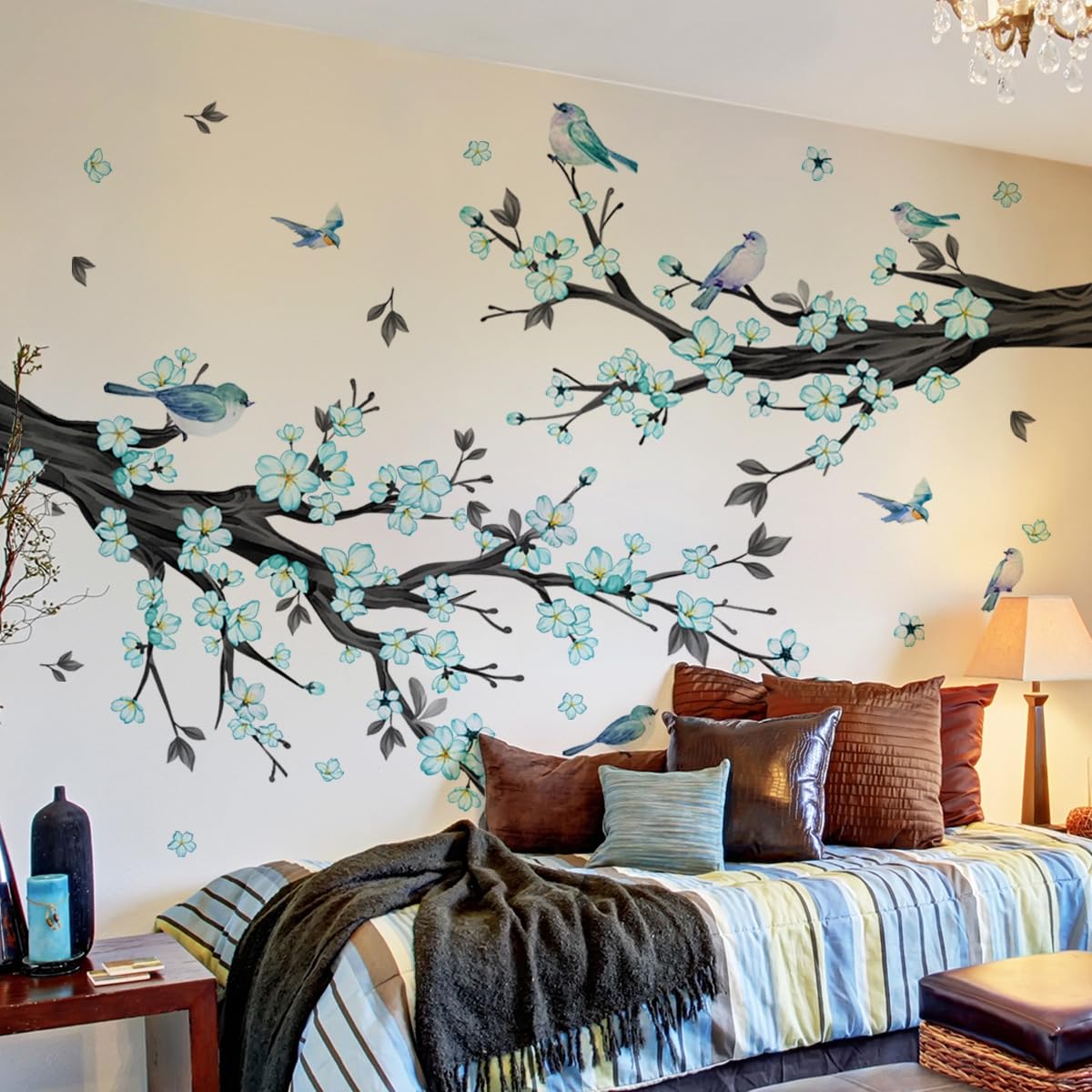 Sticker Mural Fleurs de Cerisier avec Oiseaux Grande Branche Arbre Fleurs Turquoise 194x166cm