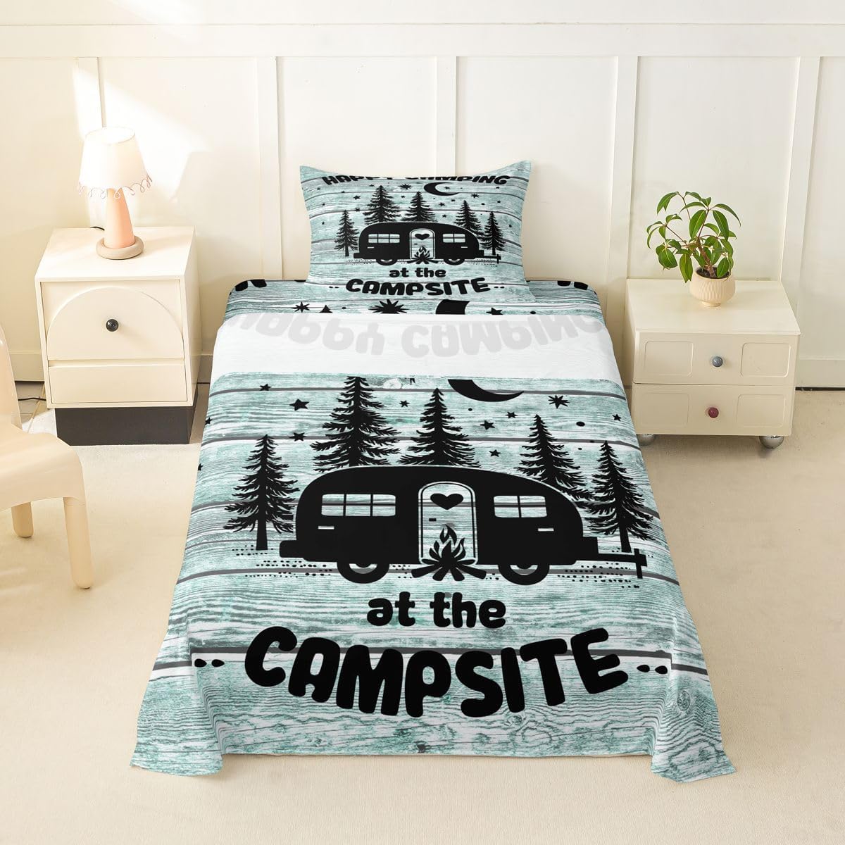 Feelyou Happy Camping Bed Sheets Set Twin Size Rv Camping Camper Bed Set for Kids Boys Girls Travel Trailers Deep Pocket Fitted Sheet Breathable Soft Lightweight Microfiber