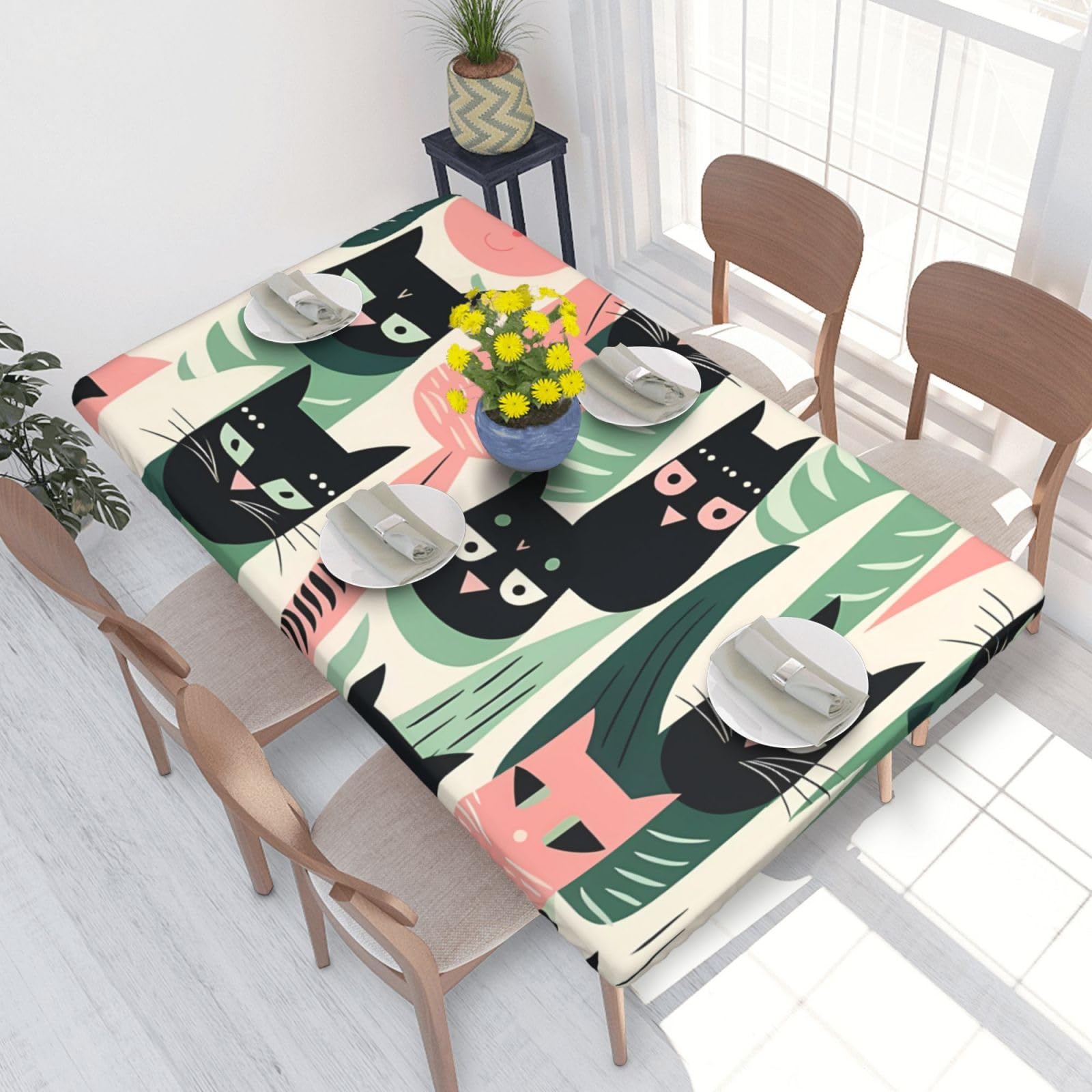 Lovely Cartoon Cats Waterproof Square Table Cover Elastic Fitted Tablecloth Oil Proof Table Protector For 4ft Table