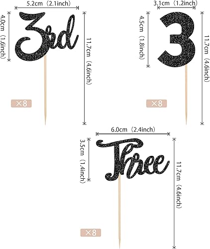 Miniatura 2 de 24 piezas de adornos para cupcakes con purpurina para tercer cumpleaños, número 3, decoración de cupcakes para baby shower, niños, tercer
