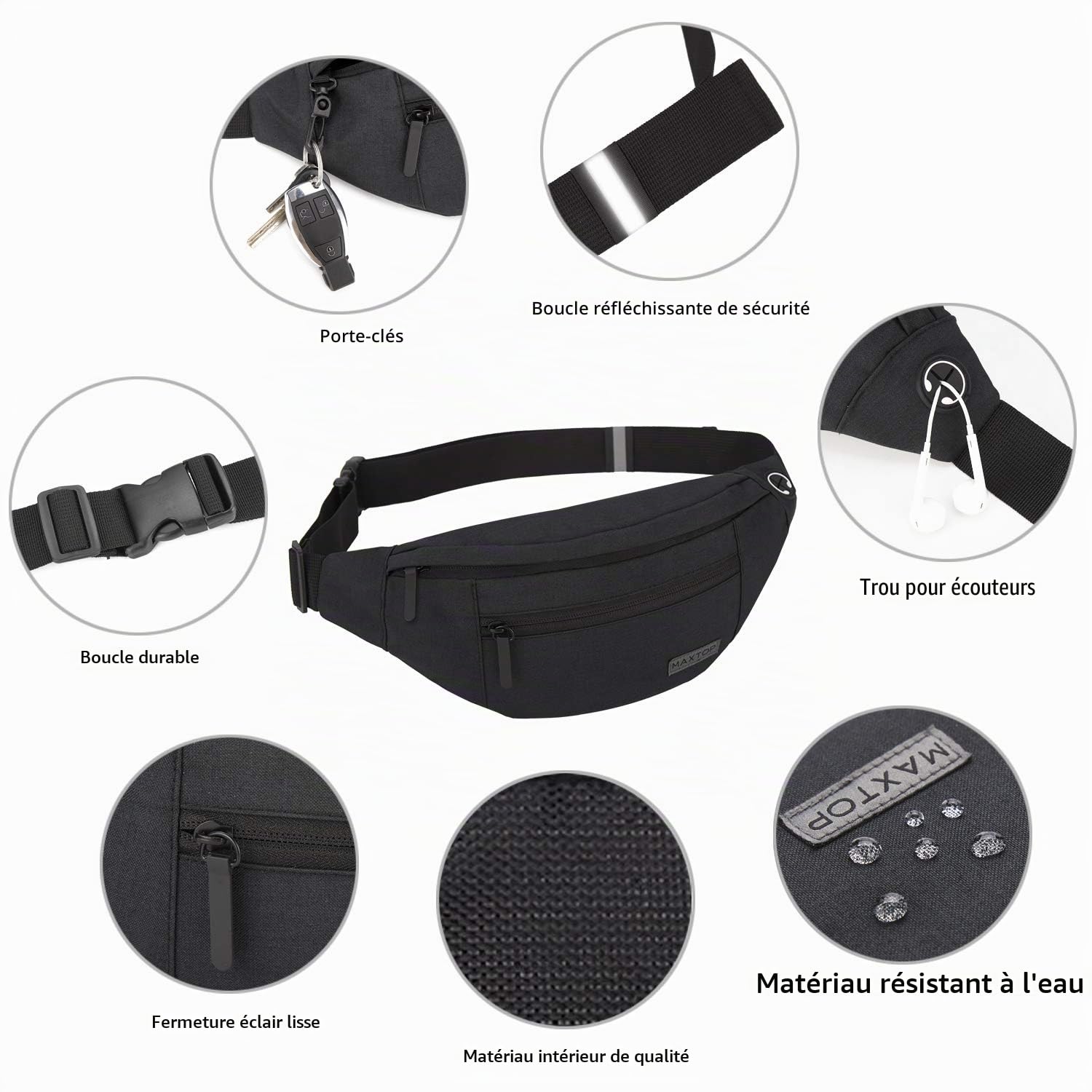 MAXTOP Grand Sac Banane pour Femme et Homme, Sac Banane avec Prise Casque et 4 Poches zippées, Ceinture réglable pour Le Cyclisme, la Course, Le Jogging, Les Voyages, l'extérieur