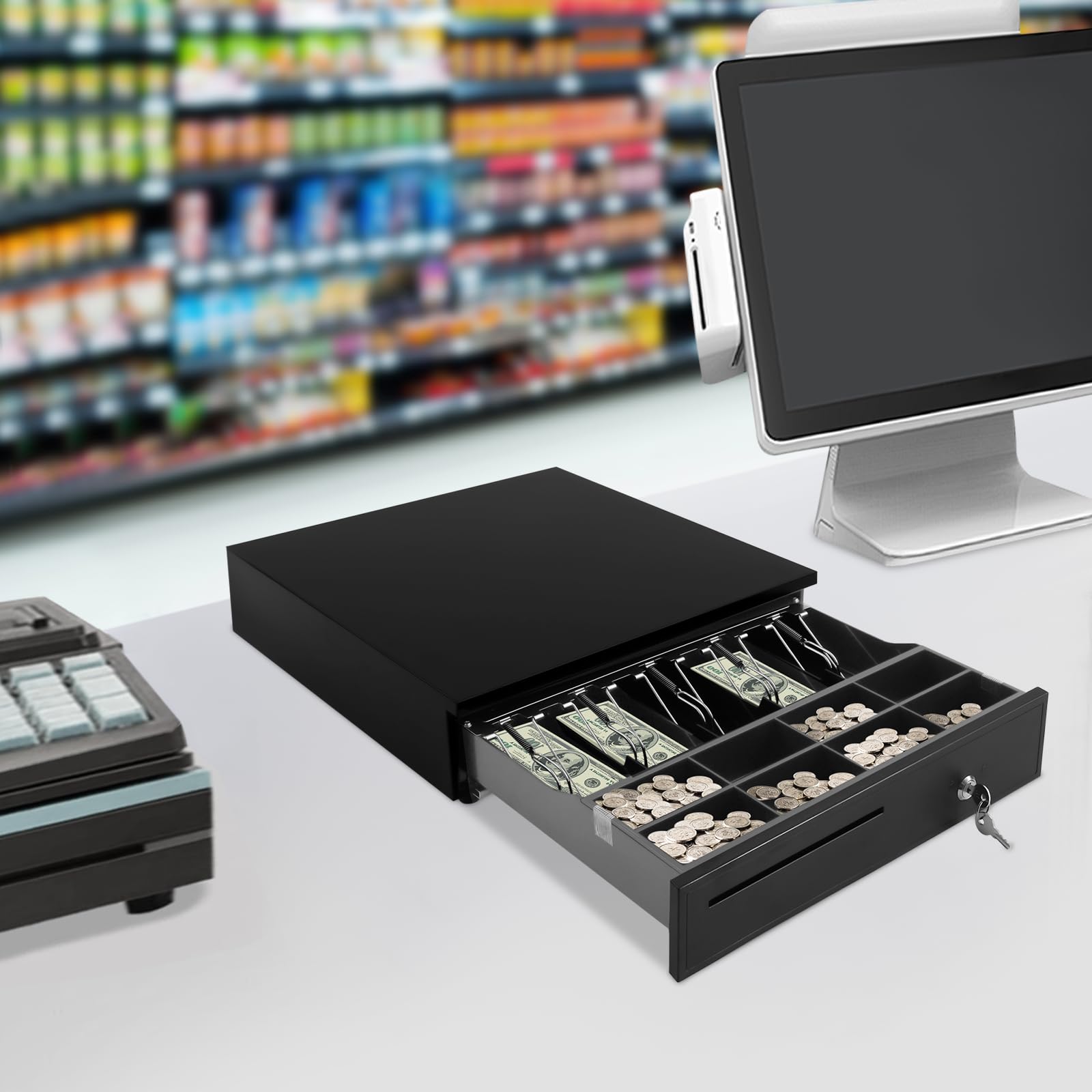 Caja registradora Light-Duty con 5 compartimentos para billetes y 8 para monedas, caja registradora con conector RJ-11, caja electrónica para supermercados, centros comerciales