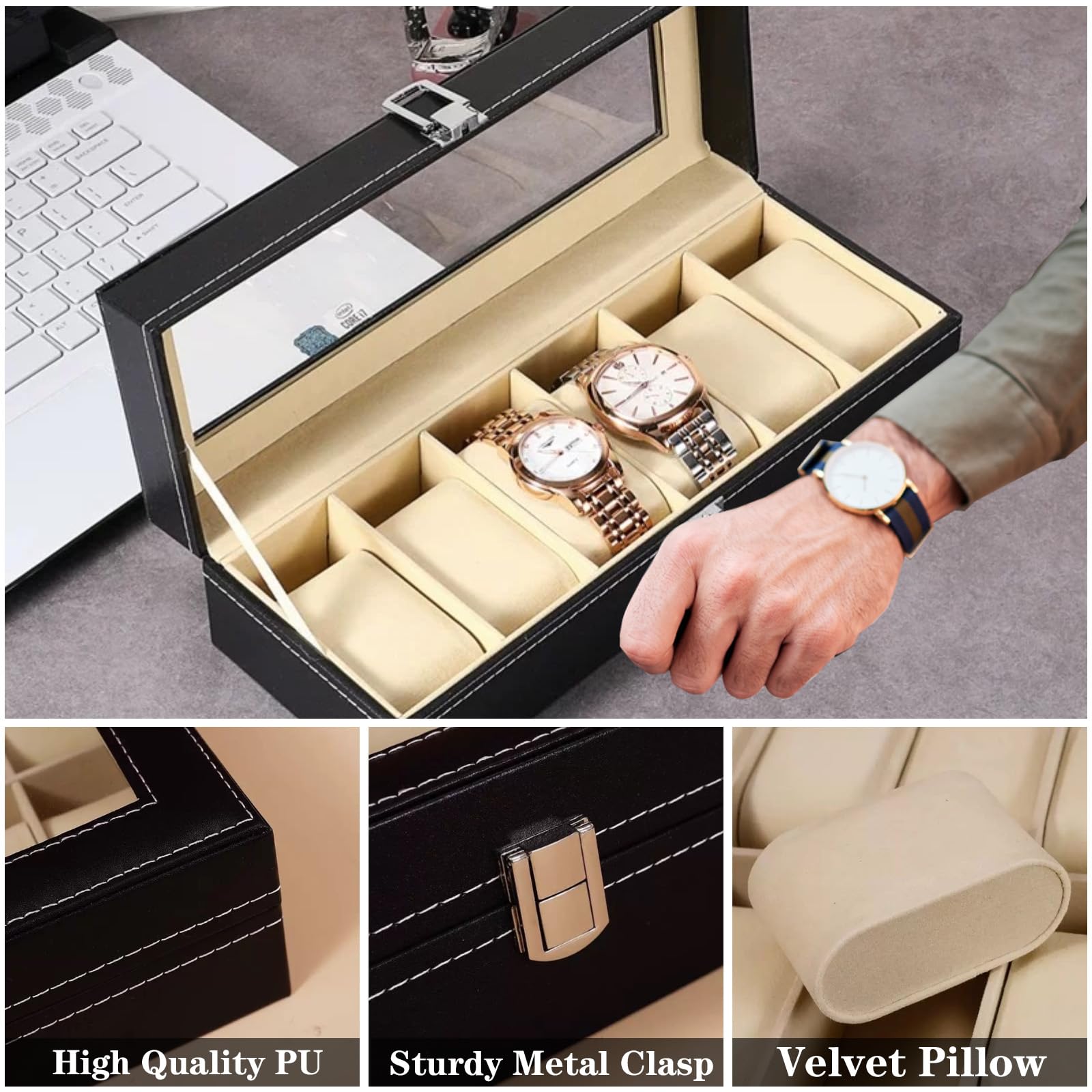 Estuche para Relojes con 6 Compartimentos, Tapa de Cristal, Organizador, Regalo Hombre, Negro