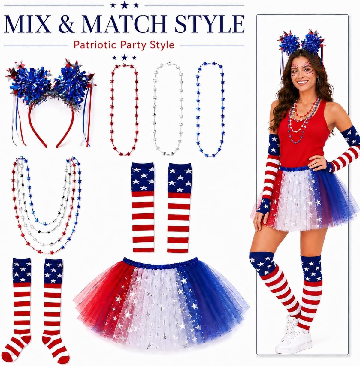 8 Pcs Patriotic Costume Accessories, Patriotic Headband Star Necklaces Face Tatoo Gloves Tights and Tutu for 250th Party Supplies 4th of July Independence Day Cosplay