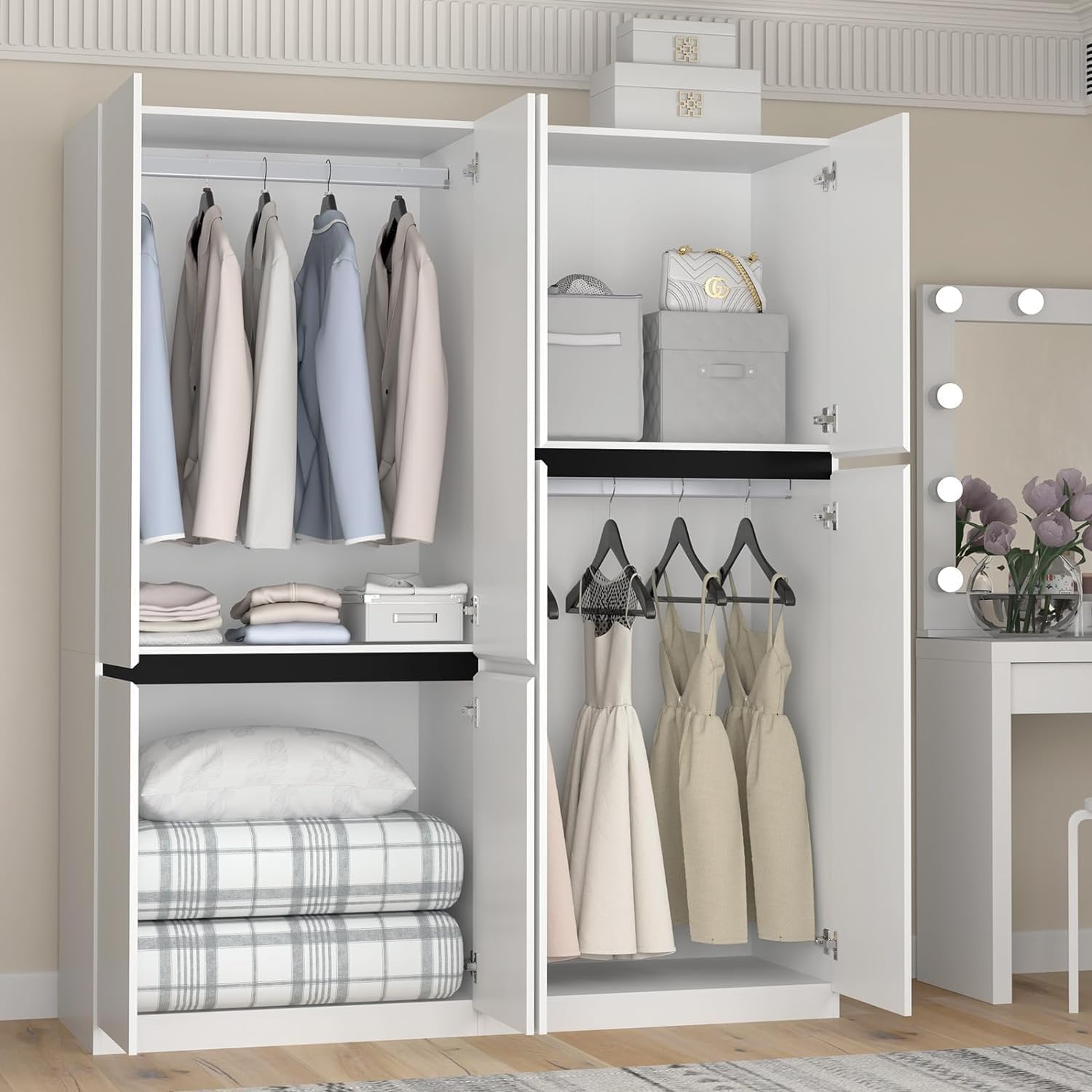 Photo 1 of 74" White Armoire Wardrobe with 4 Doors, Bedroom Armoires with 2 Hanging Rod Shelf, Wooden Wardrobe Closet & Cabinet Freestanding Clothes Storage Closet 74" Armoire with 4 Doors White