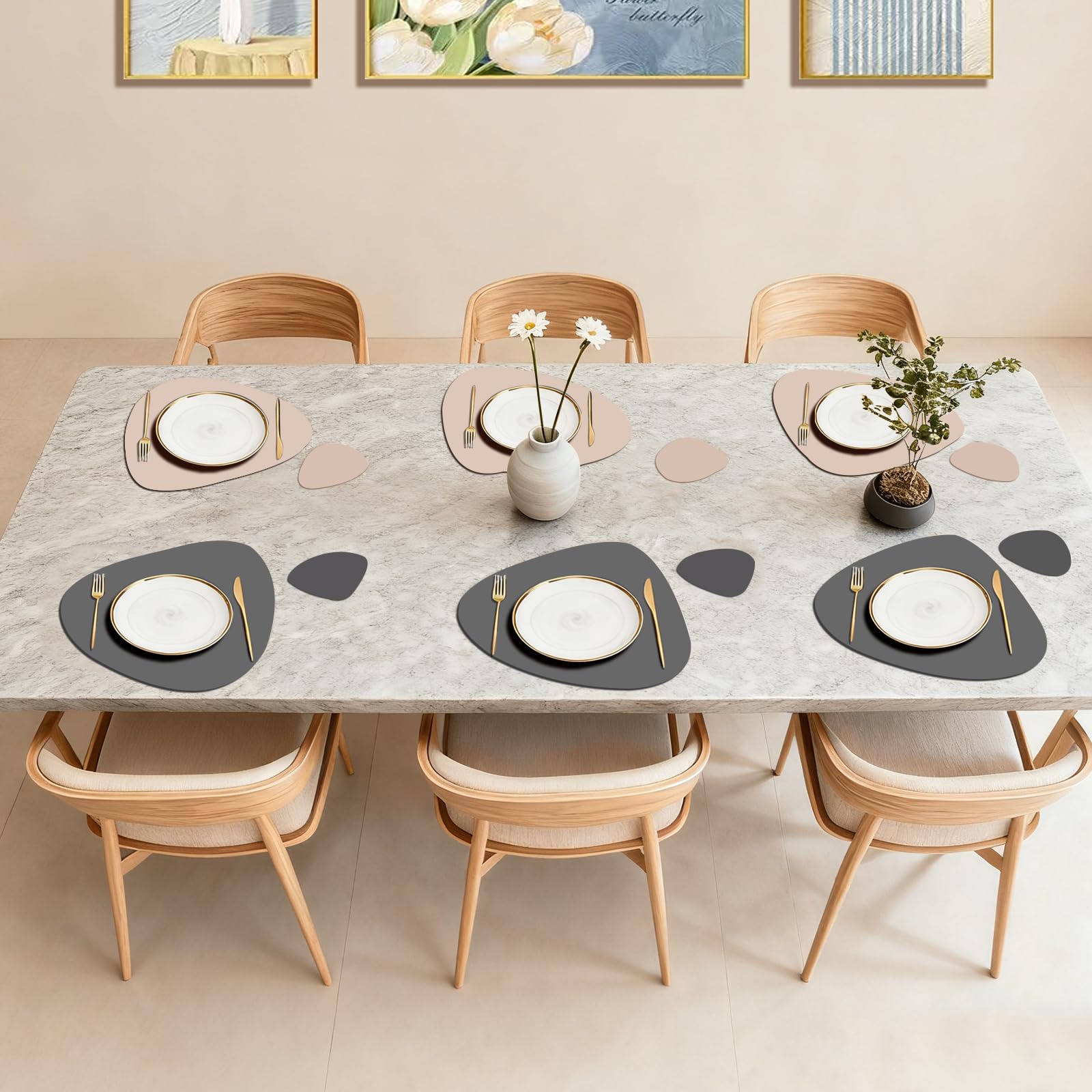 Set de 6 Manteles Individuales Lavables Ovalados & Posavasos, Doble Cara Antideslizante Impermeables para Cocina, Comedor, Oficina (Negro - Gris)