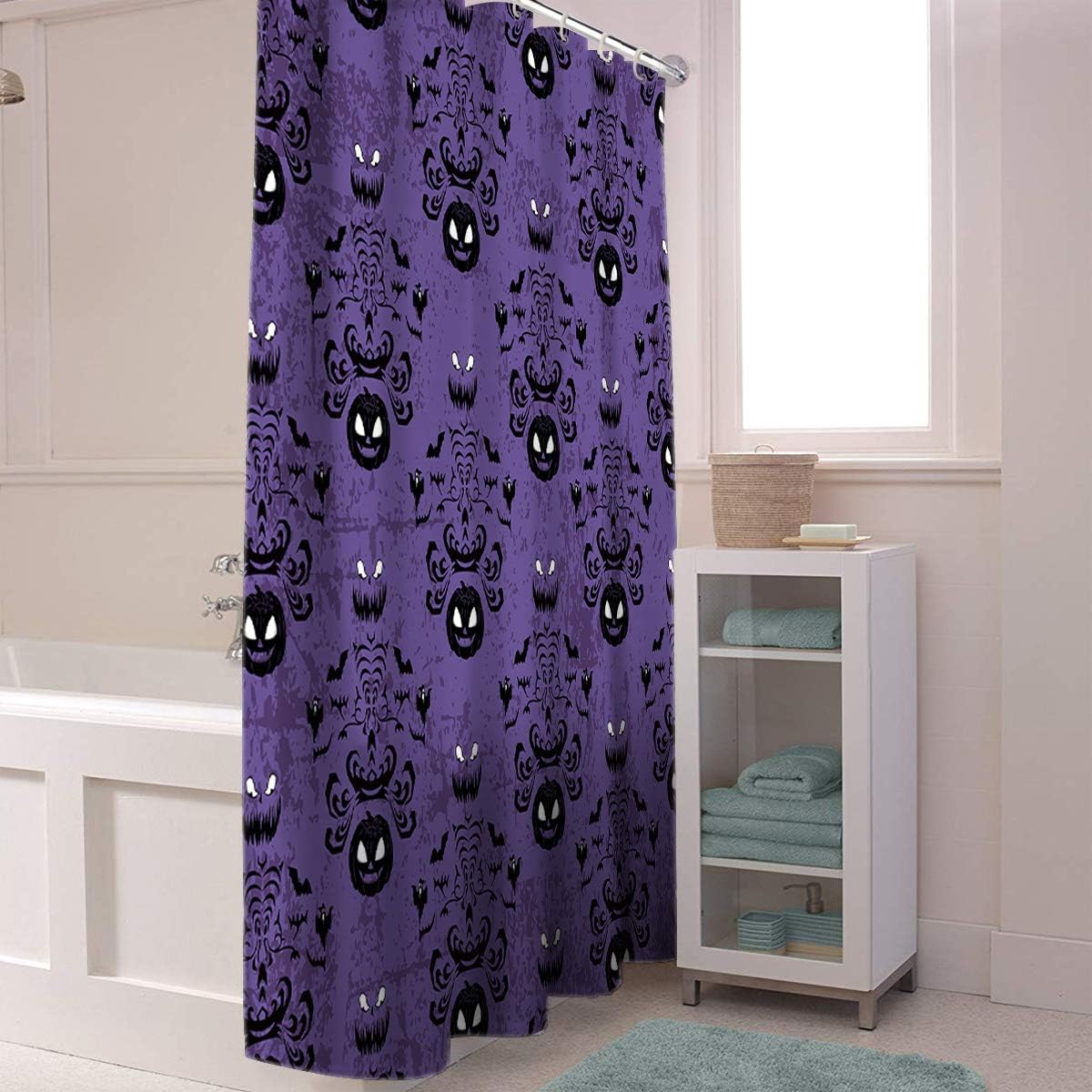 Halloween Shower Curtain for Bathroom Ghost Pumpkin Bats Shower Curtains Set with Hooks Haunted Mansion Purple For Halloween Decoration Bath Curtains Sets Polyester Waterproof Extra Long 72" x 84"