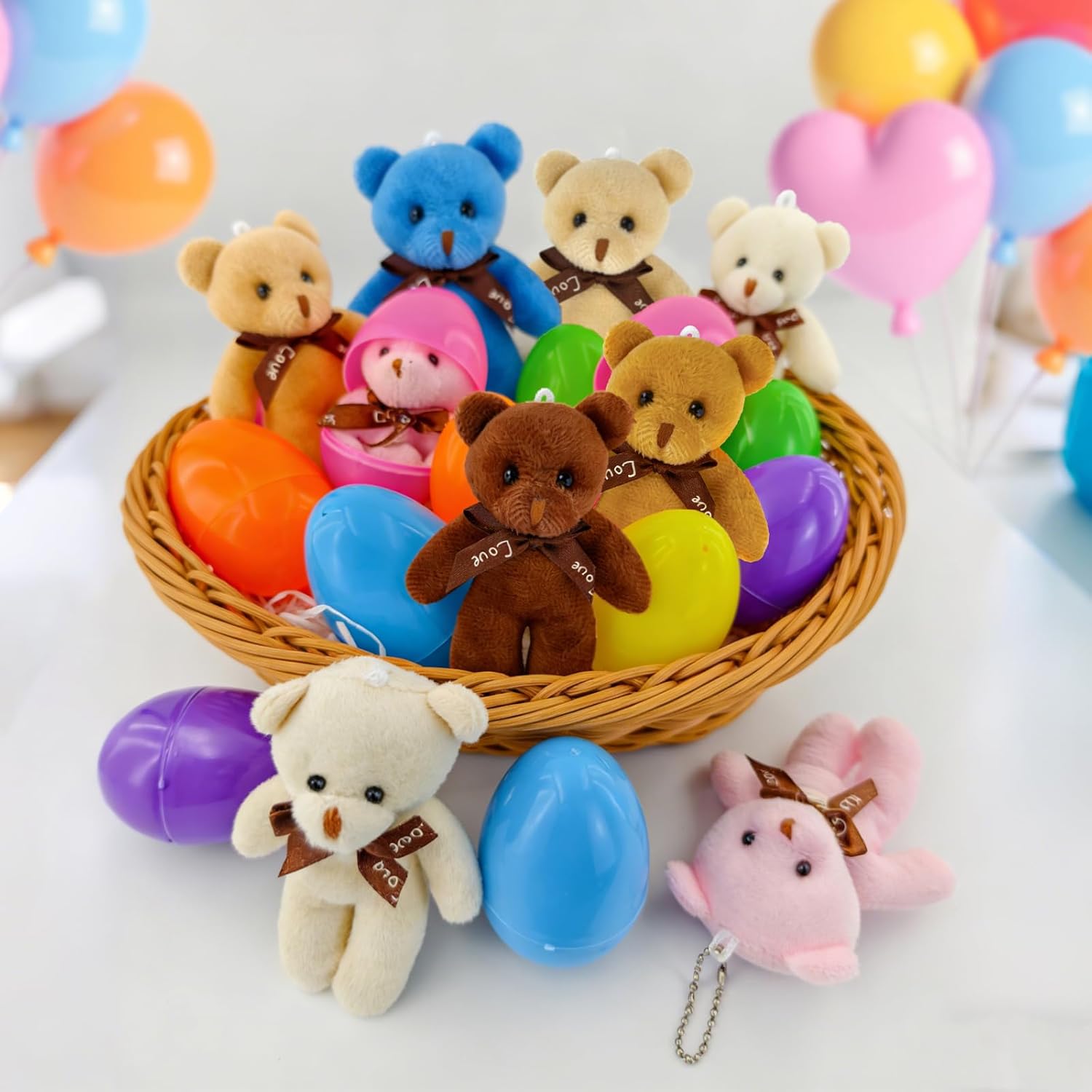 Abakuku 12 Pcs Prefilled Easter Eggs Plush Toy,3.15in Bright Colorful Eggs Prefilled with Variety Plush Toy Easter Basket Stuffers Party Favors Gift Bags