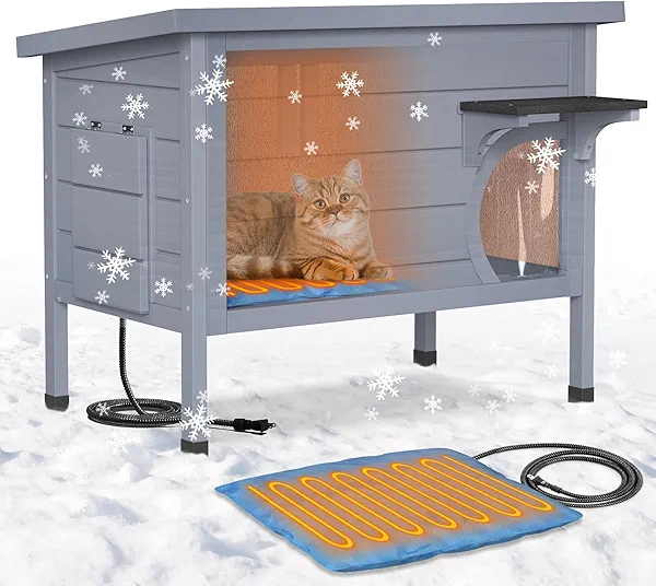 PETIMBER Heated Cat House for Outside - Wooden Insulated Cat House Outdoor Weatherproof, Clawsable Feral Cat Shelter with Heated Pad, 2 Escape Door, for Multiple Cats, Grey
