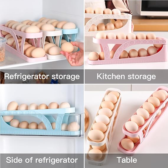 Egg Dispenser Automatic Rolling Egg Tray Organizer, Space Saving Side Door Refrigerator Egg Roller Basket, Suitable for Kitchen, Cabinets, Dining Table, White