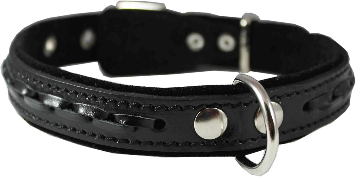 Genuine Leather Braided Dog Collar, Black 1" Wide. Fits 14"-18" Neck.