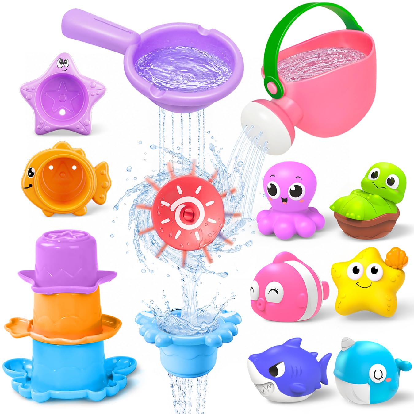 Baby Bath Toys for 1+ Year Old，12PCS No Hole Mould Free Water Toys