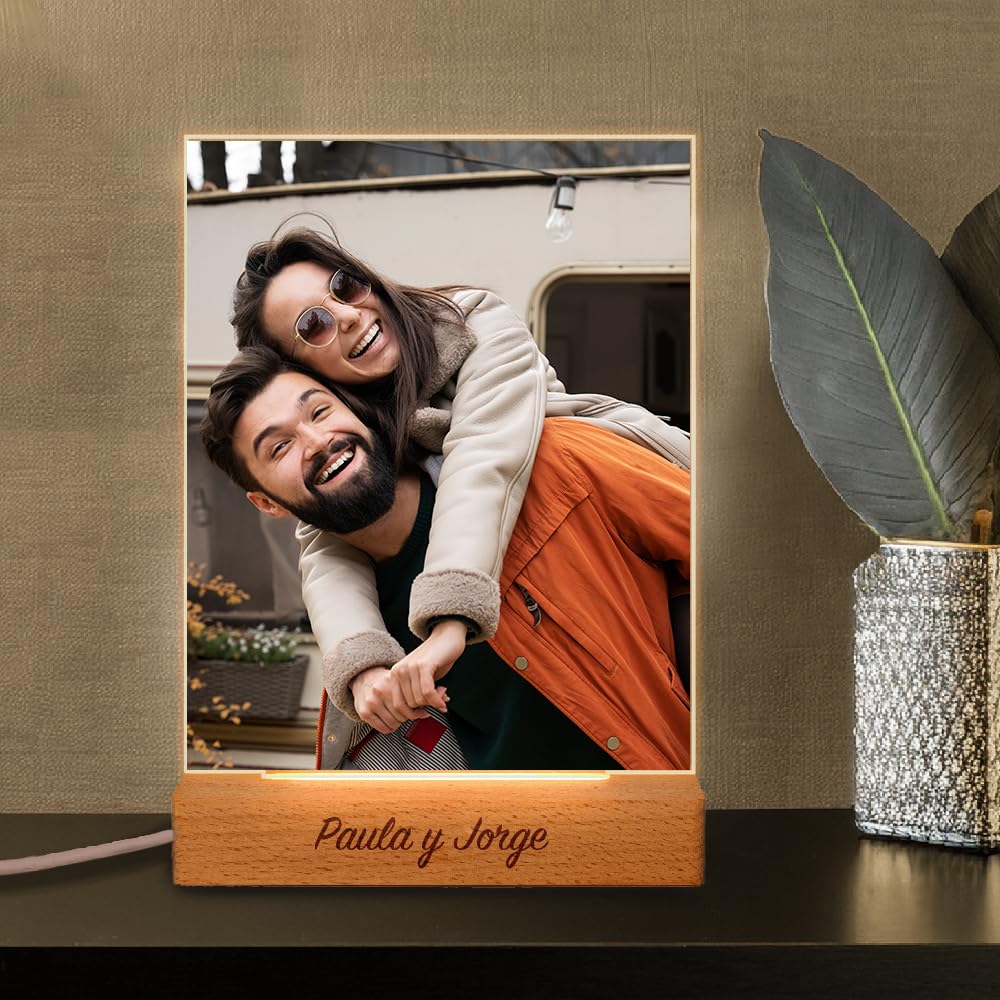 Transparent Gift Placa Personalizada con Foto. Lámpara Personalizada con Foto y Luz LED cálida. Marco de Fotos. Placas de Metacrilato. Regalos Personalizados Familia, Amigos, Pareja.